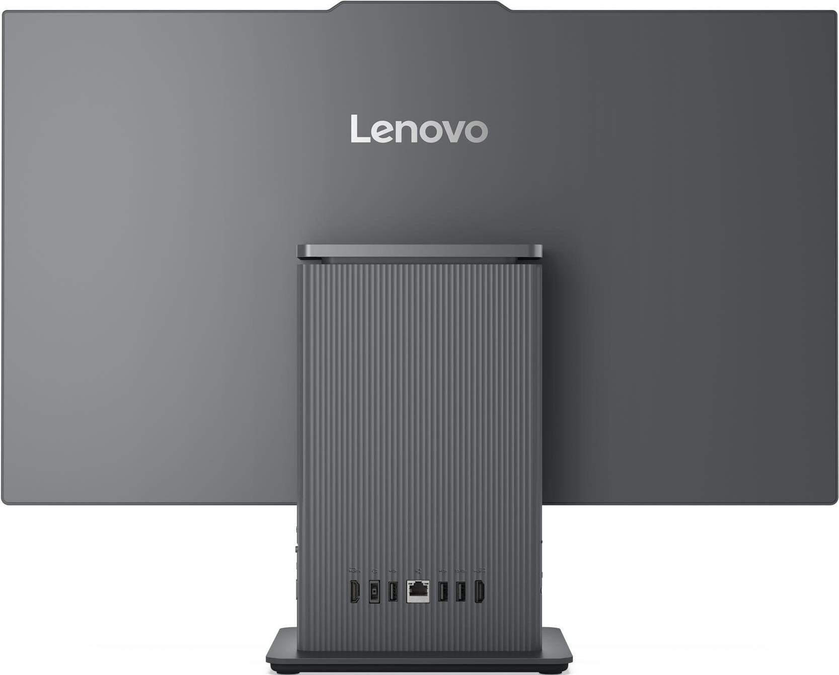 Vue arrière d'un ordinateur tout-en-un Lenovo gris montrant les ports.