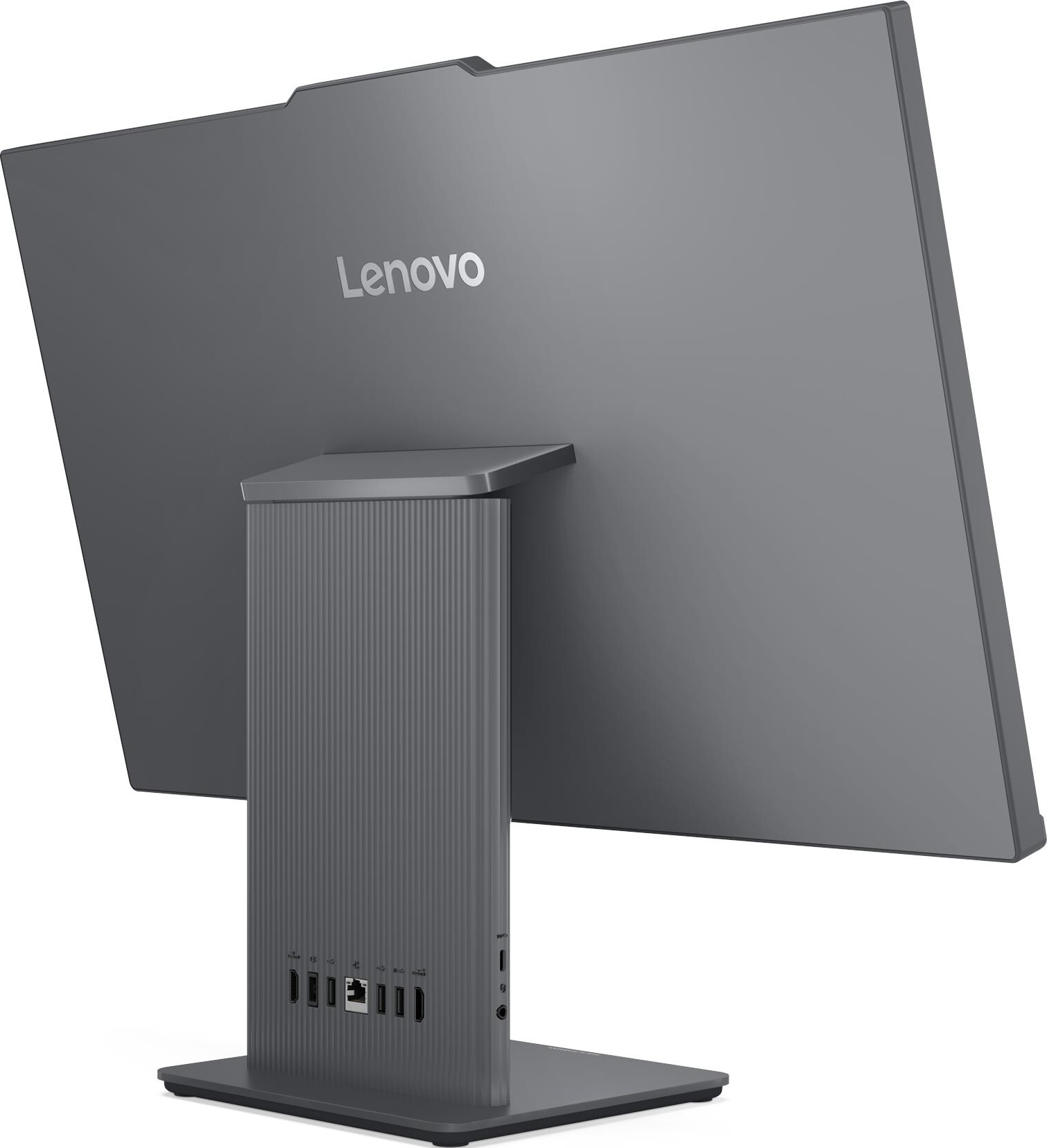 Vue arrière d'un ordinateur tout-en-un Lenovo gris montrant les ports.