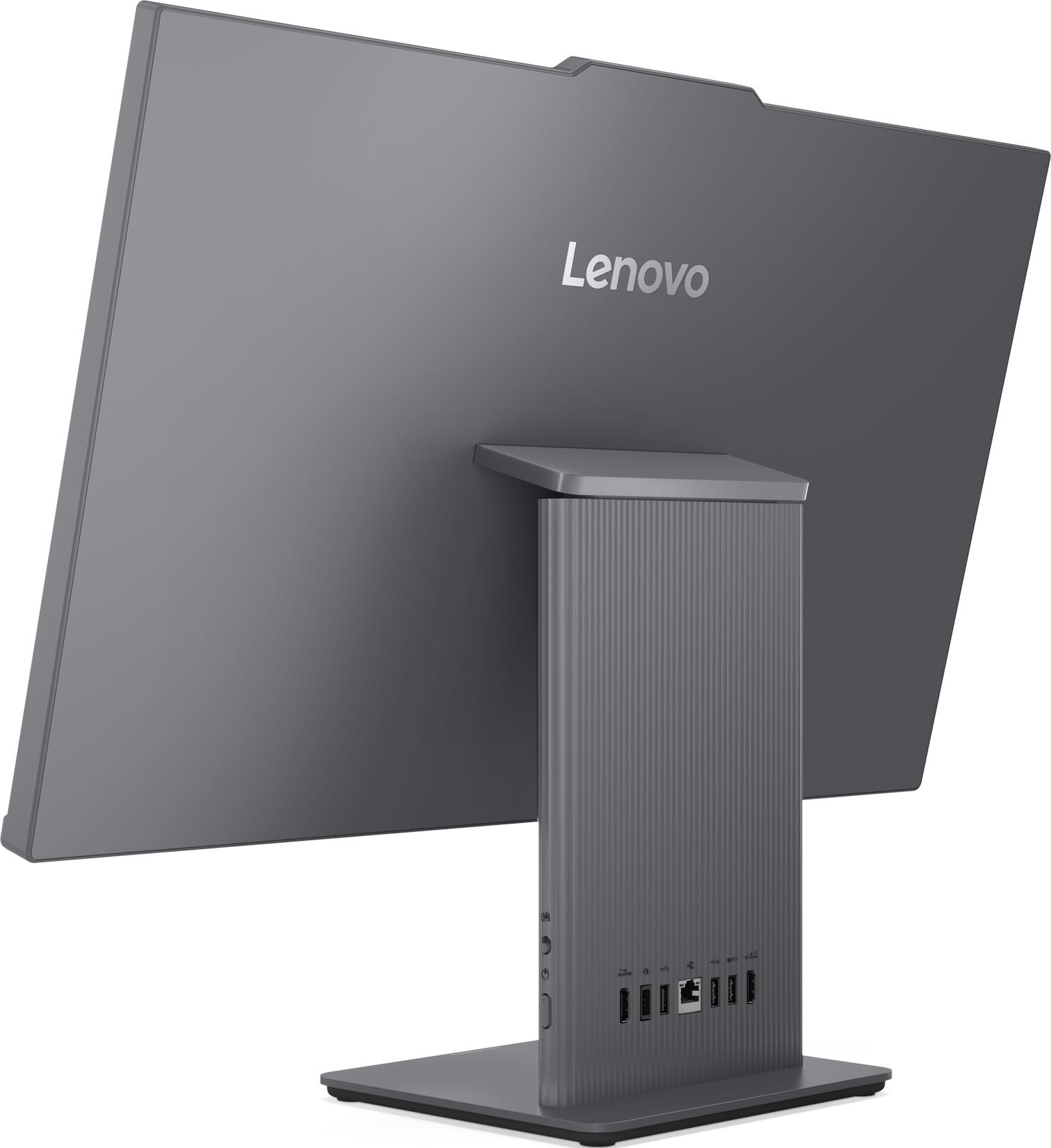Vue arrière d'un ordinateur tout-en-un Lenovo gris montrant les ports.