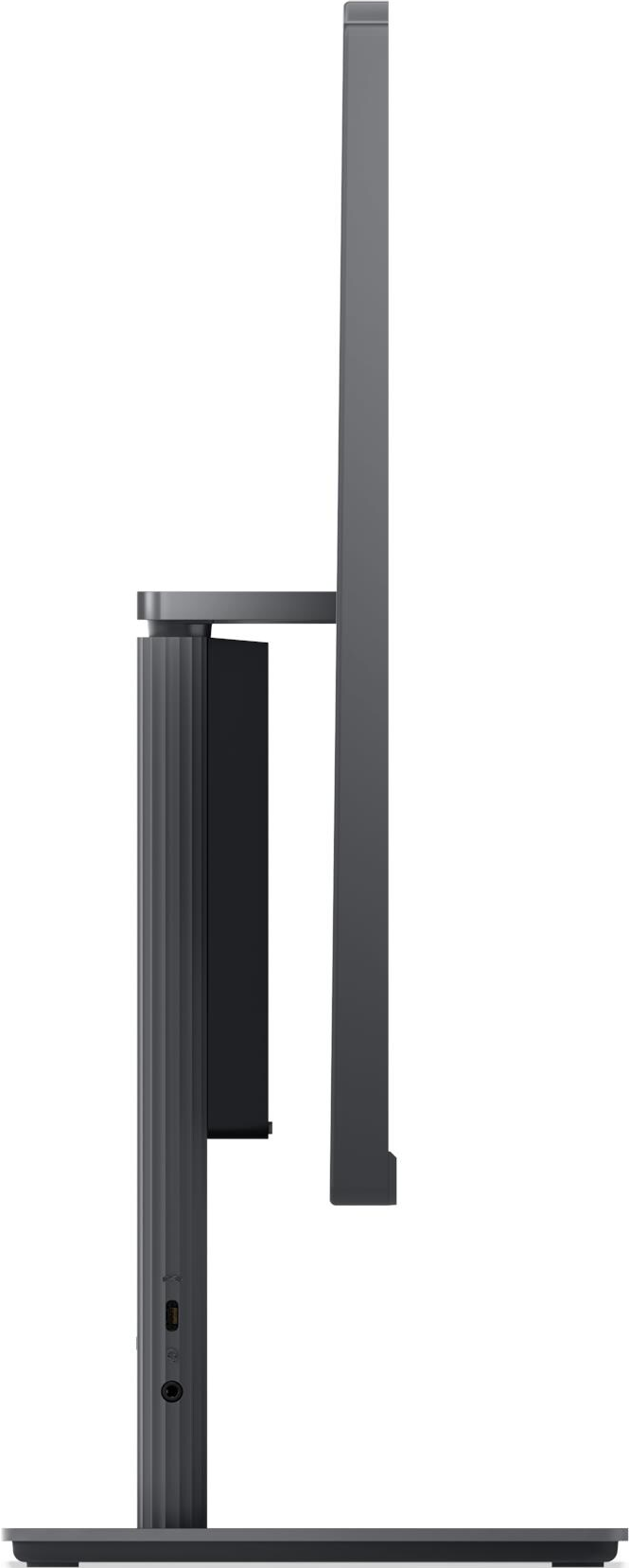 Support de moniteur gris avec base côtelée et ports.