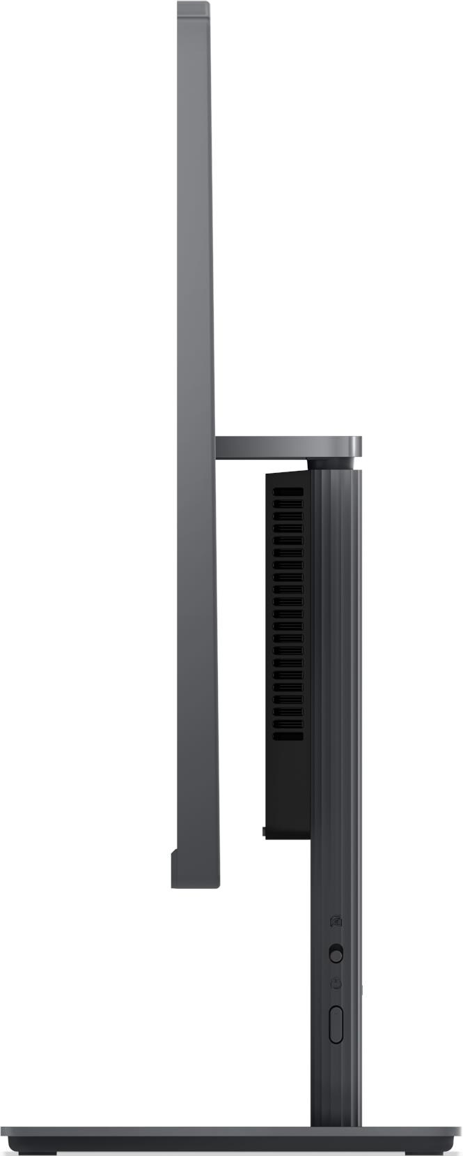 Moniteur gris de côté, montrant des évents et des ports sur le support.