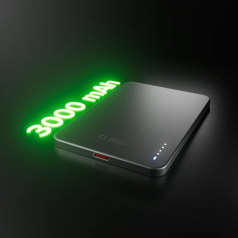 Szary power bank 3000 mAh, logo SBS, cztery światła, czerwony port.