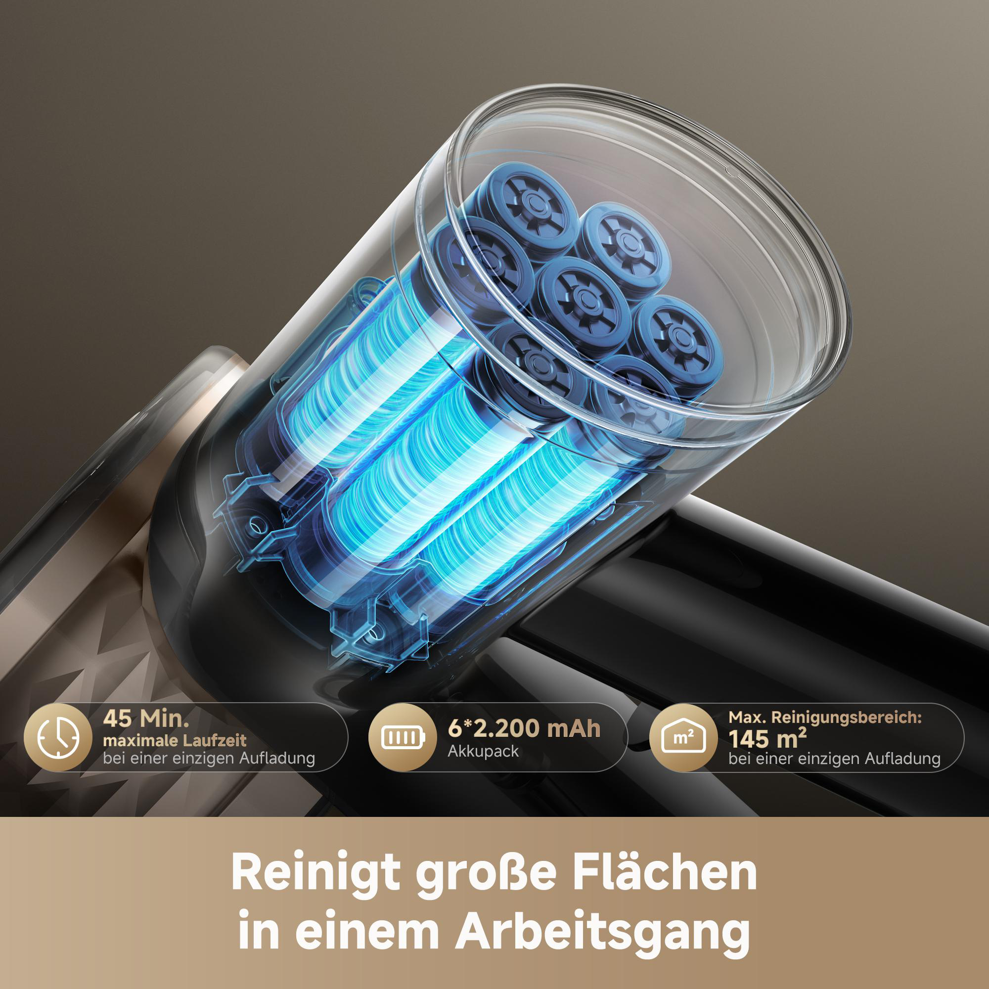 Ein Staubsaugerakku mit 6*2.200 mAh, 45 Min Laufzeit, 145 m² Reinigungsbereich.