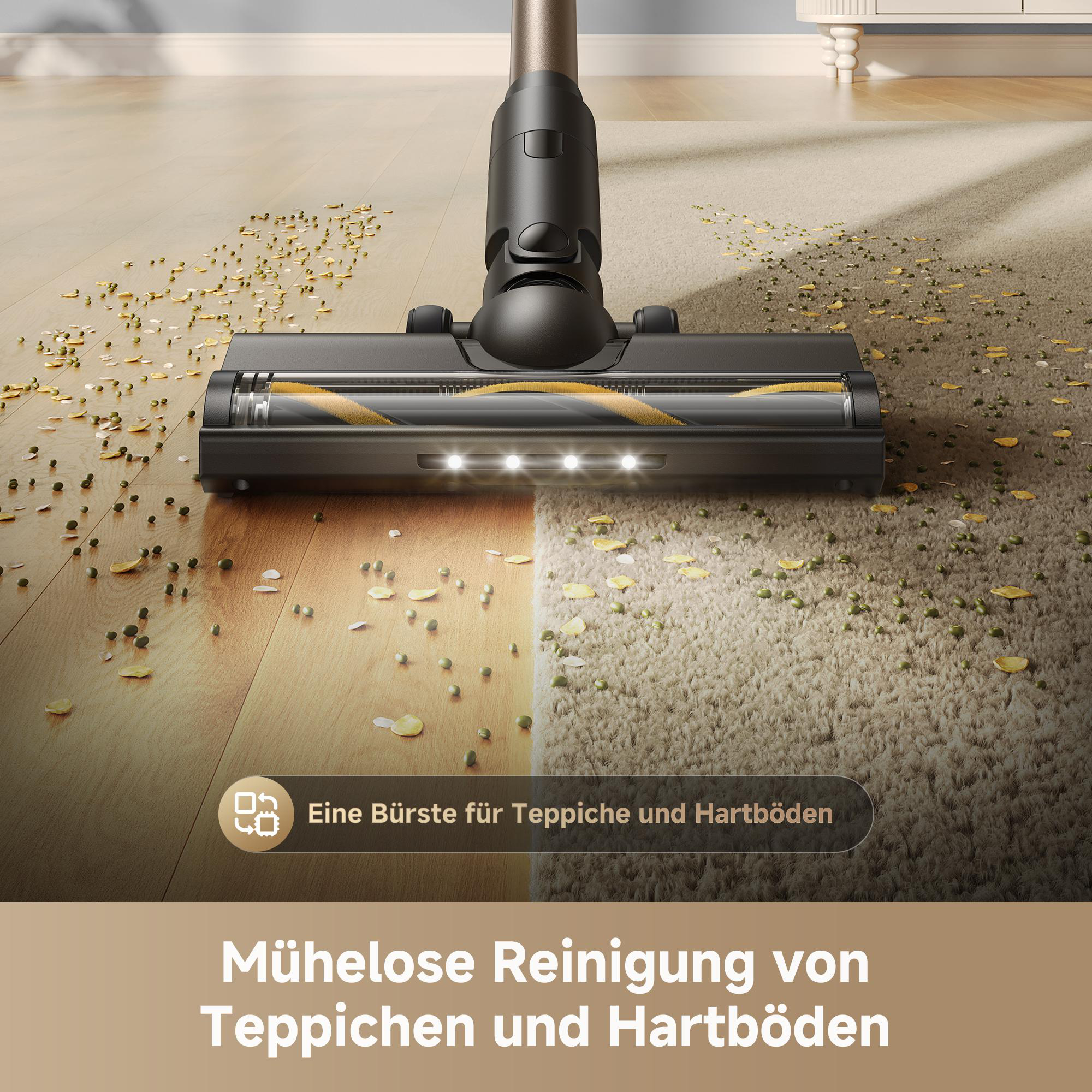 Ein Staubsaugerkopf reinigt Teppich und Holzboden von Granulat.