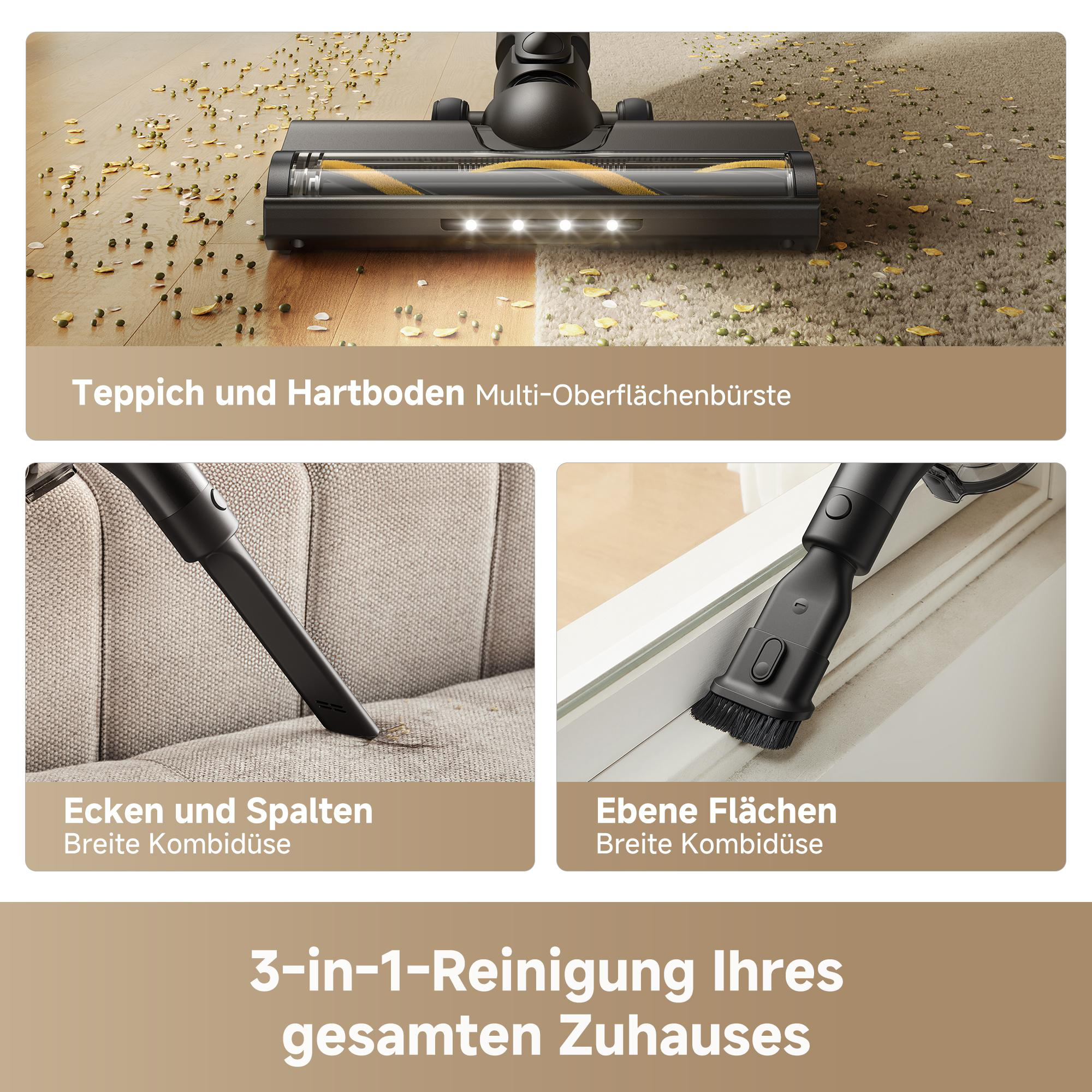Staubsaugerbürste reinigt Teppich und Hartboden, Polster und Flächen.