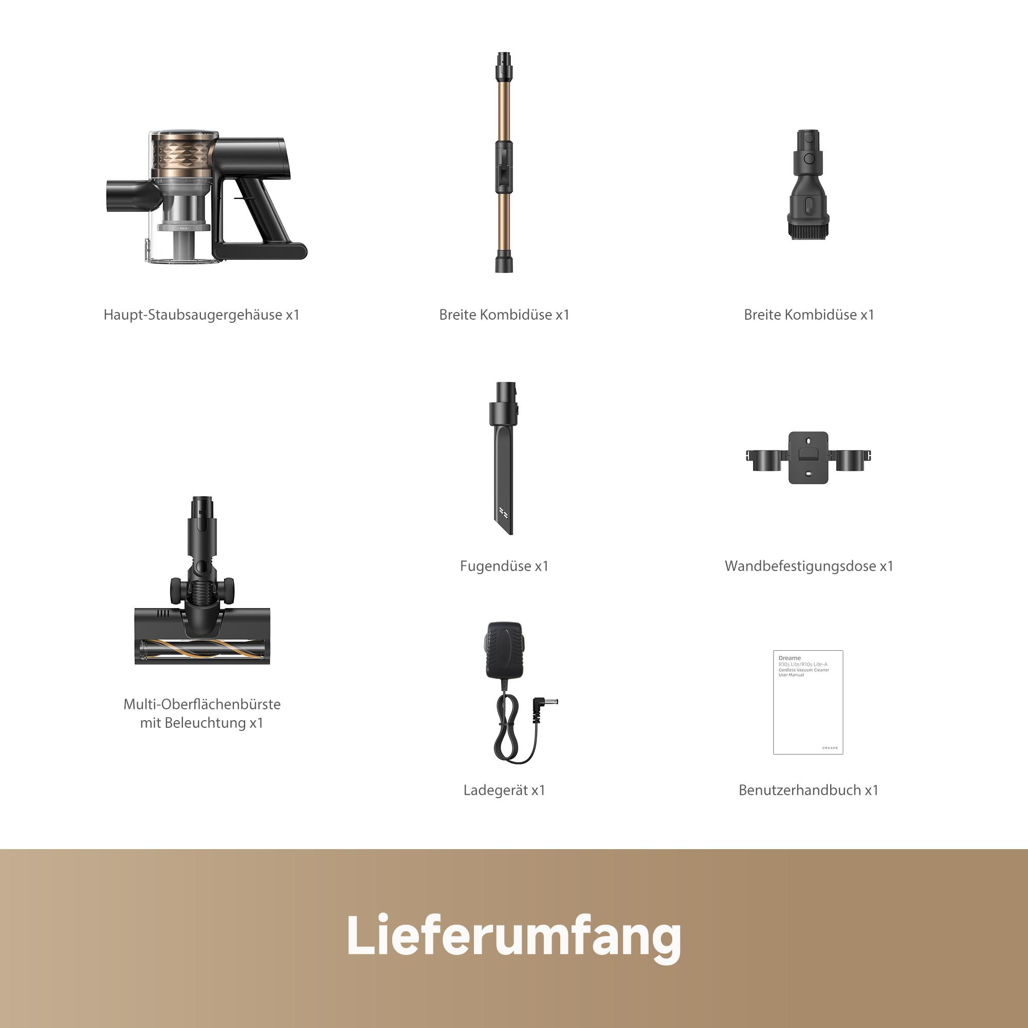 Reinigungszubehör: Staubsauger, 2 Bürsten, Fugendüse, Ladegerät, Handbuch.