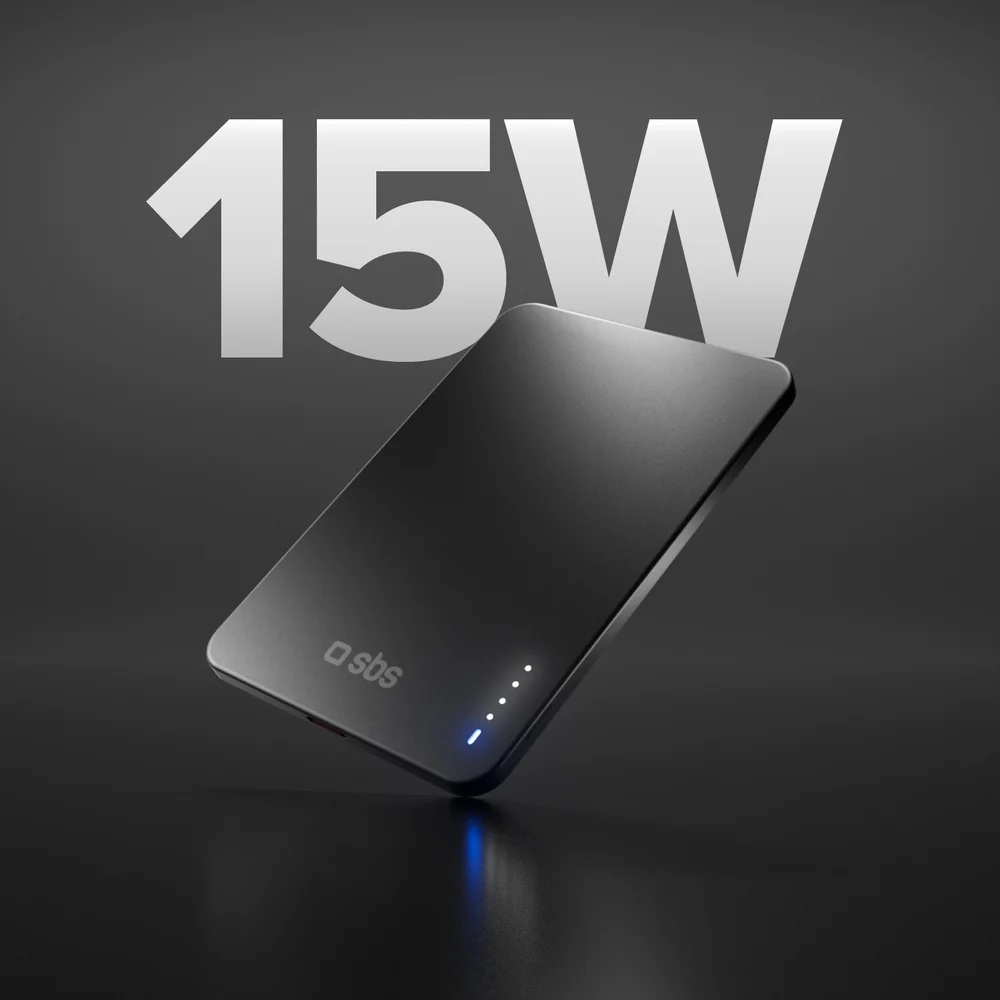 Czarny power bank z napisem 15W, niebieskie światełka z przodu.