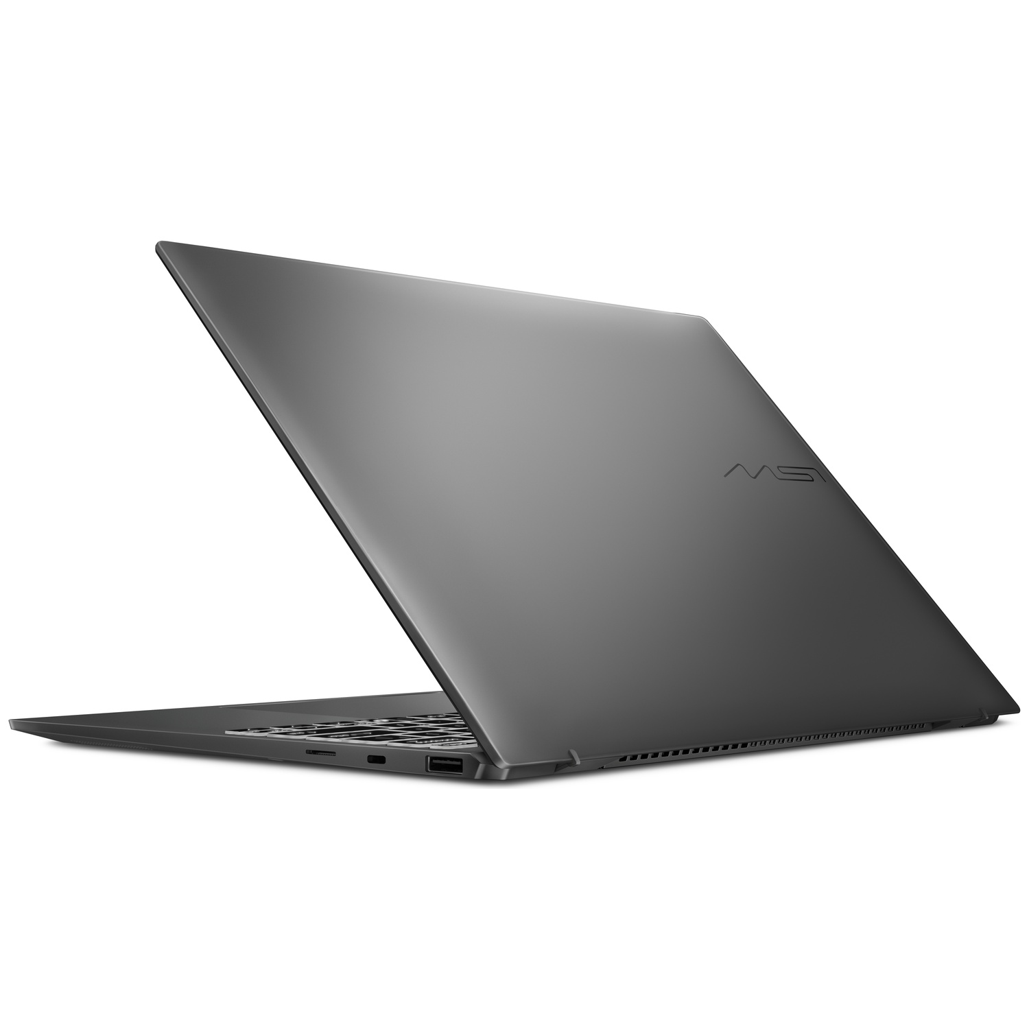 Un ordinateur portable MSI gris foncé est ouvert, vu de côté. Le logo MSI est visible sur le capot.