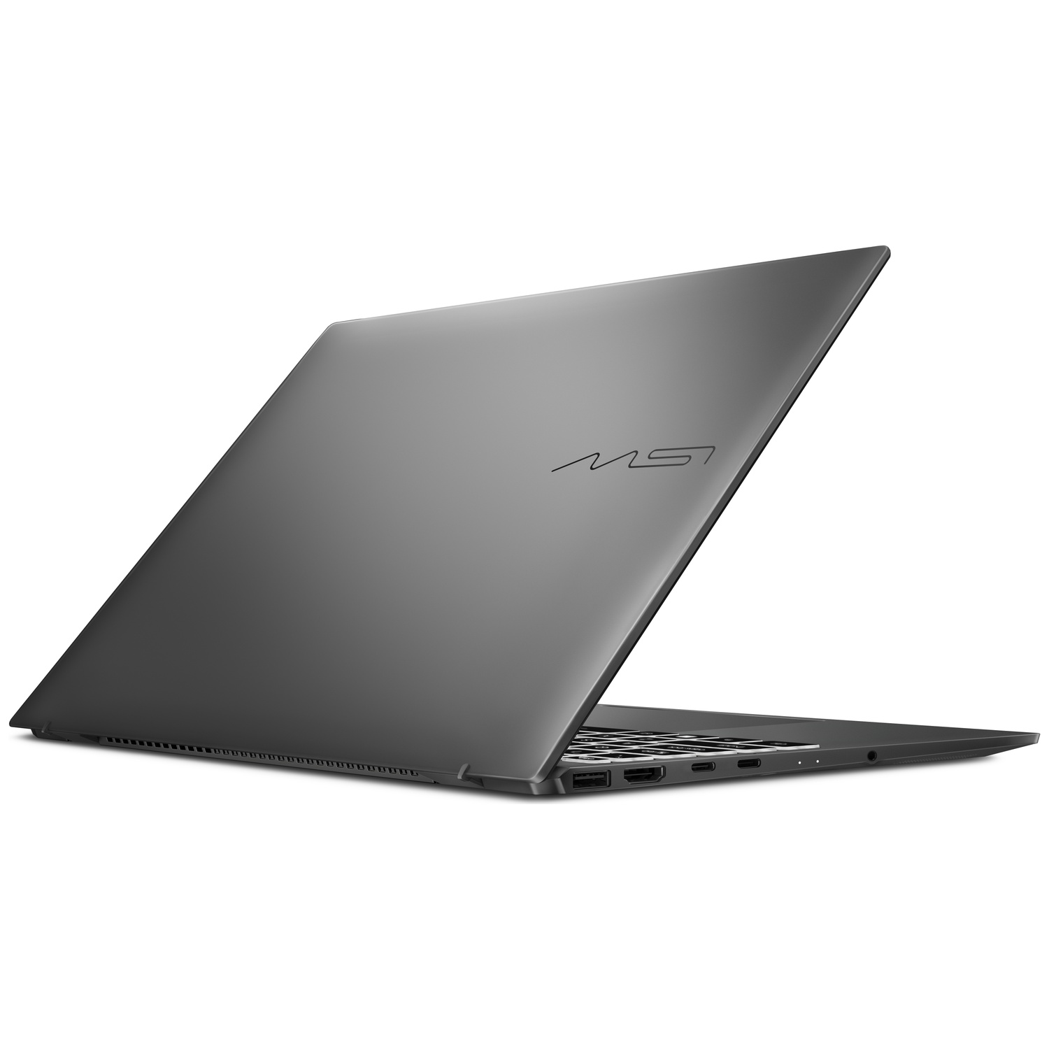 Ordinateur portable MSI gris, ouvert, montrant les ports sur le côté et le logo sur le capot.