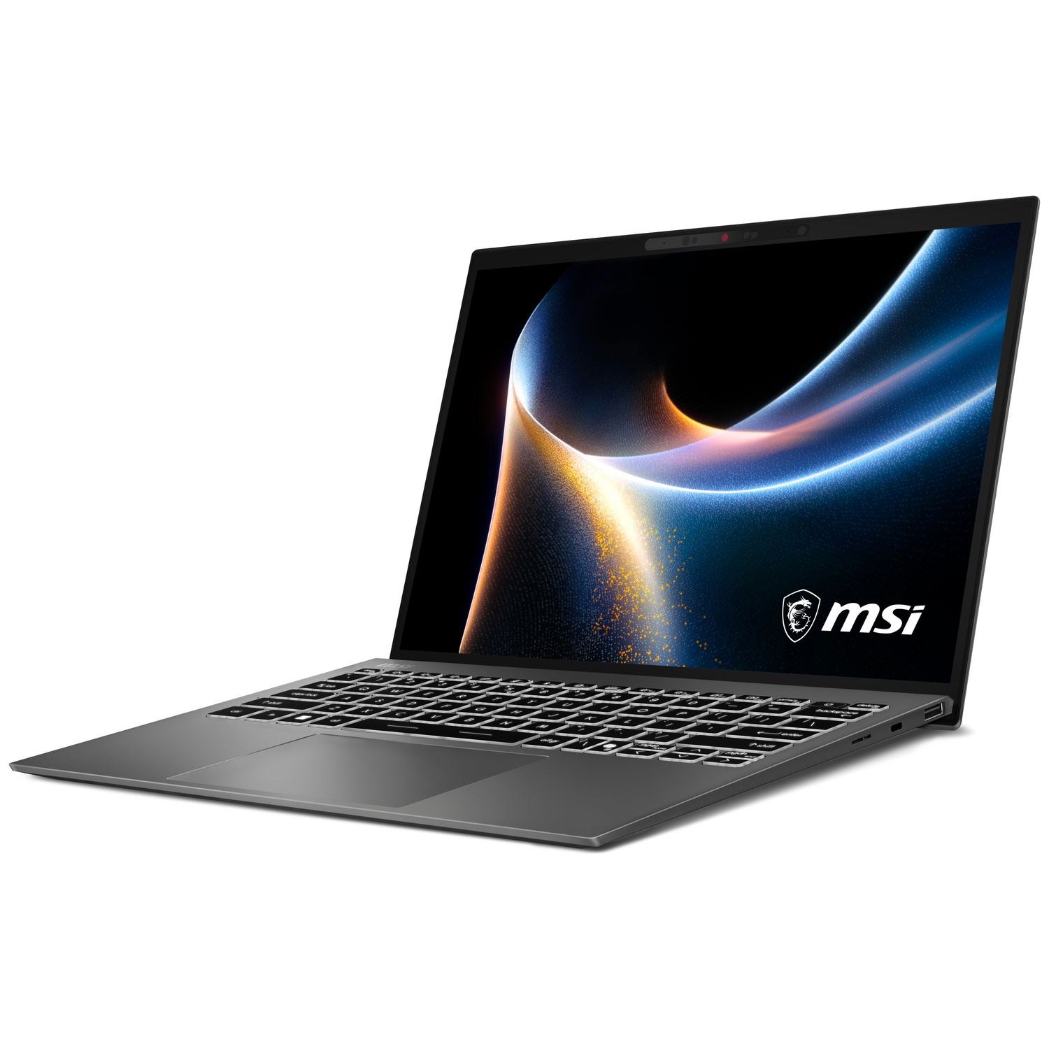 Ordinateur portable MSI gris avec un fond d'écran abstrait lumineux.
