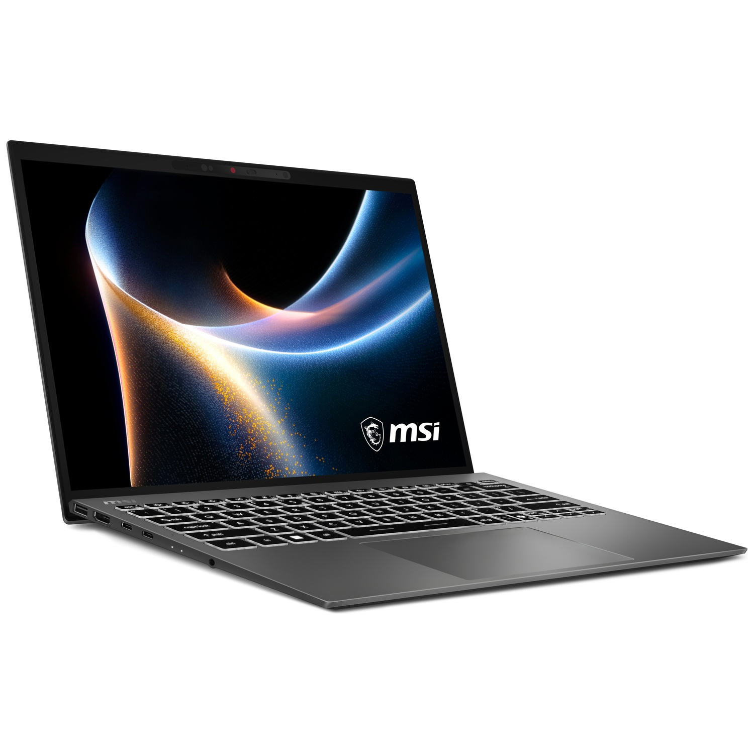 Un ordinateur portable MSI gris ouvert affiche un fond d'écran abstrait.