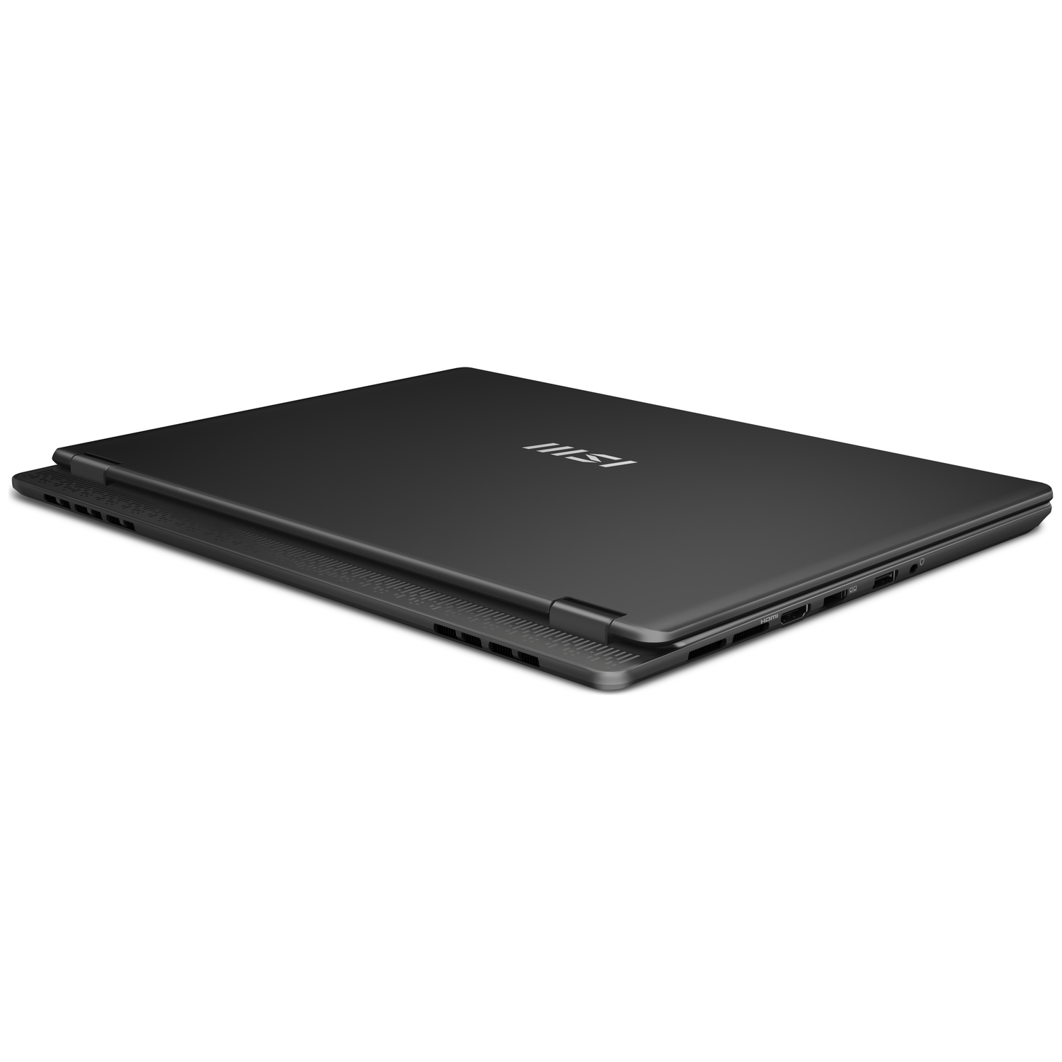 Ordinateur portable MSI noir fermé avec ports HDMI et USB visibles sur le côté.