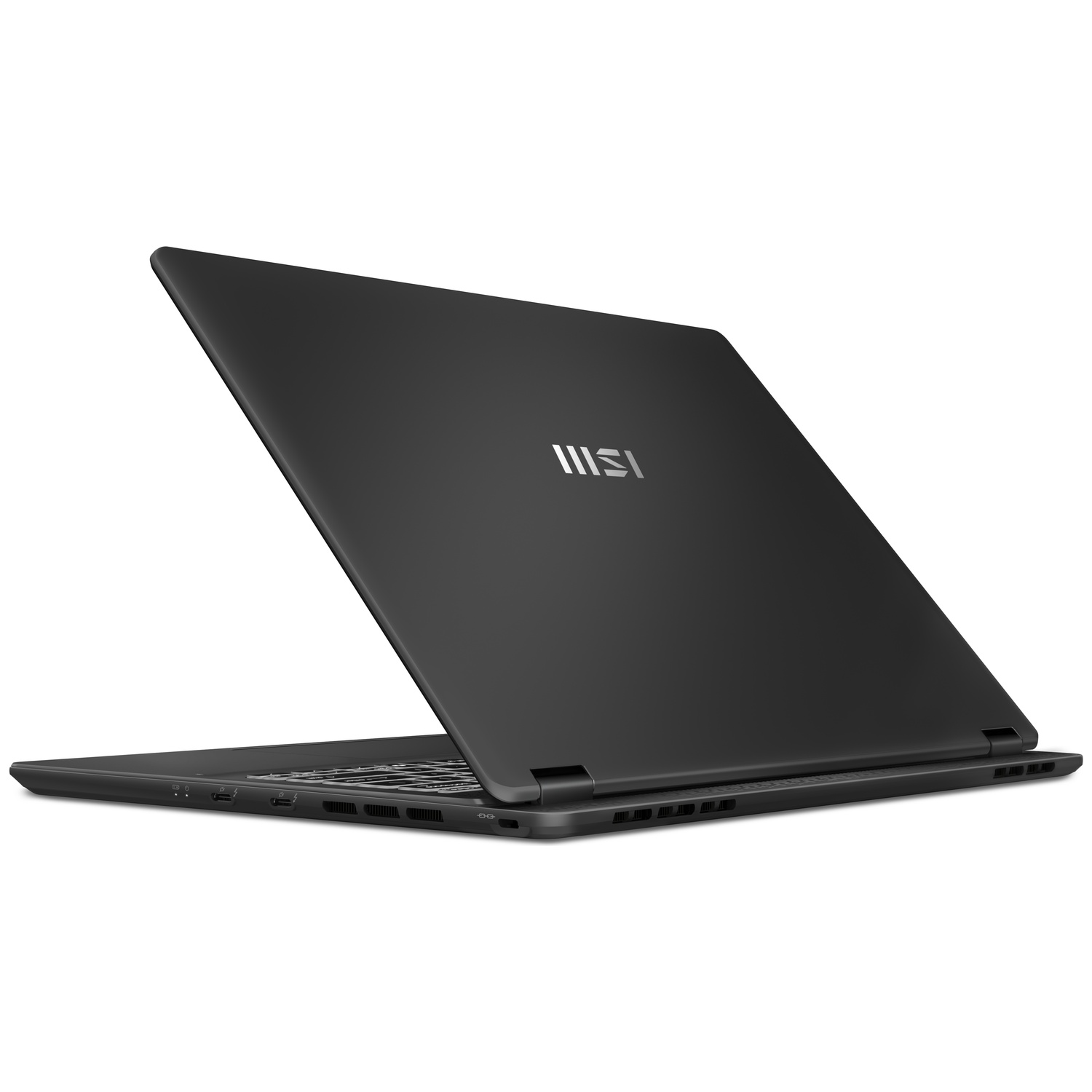 Un ordinateur portable noir avec le capot ouvert, logo MSI visible. Ports apparents.