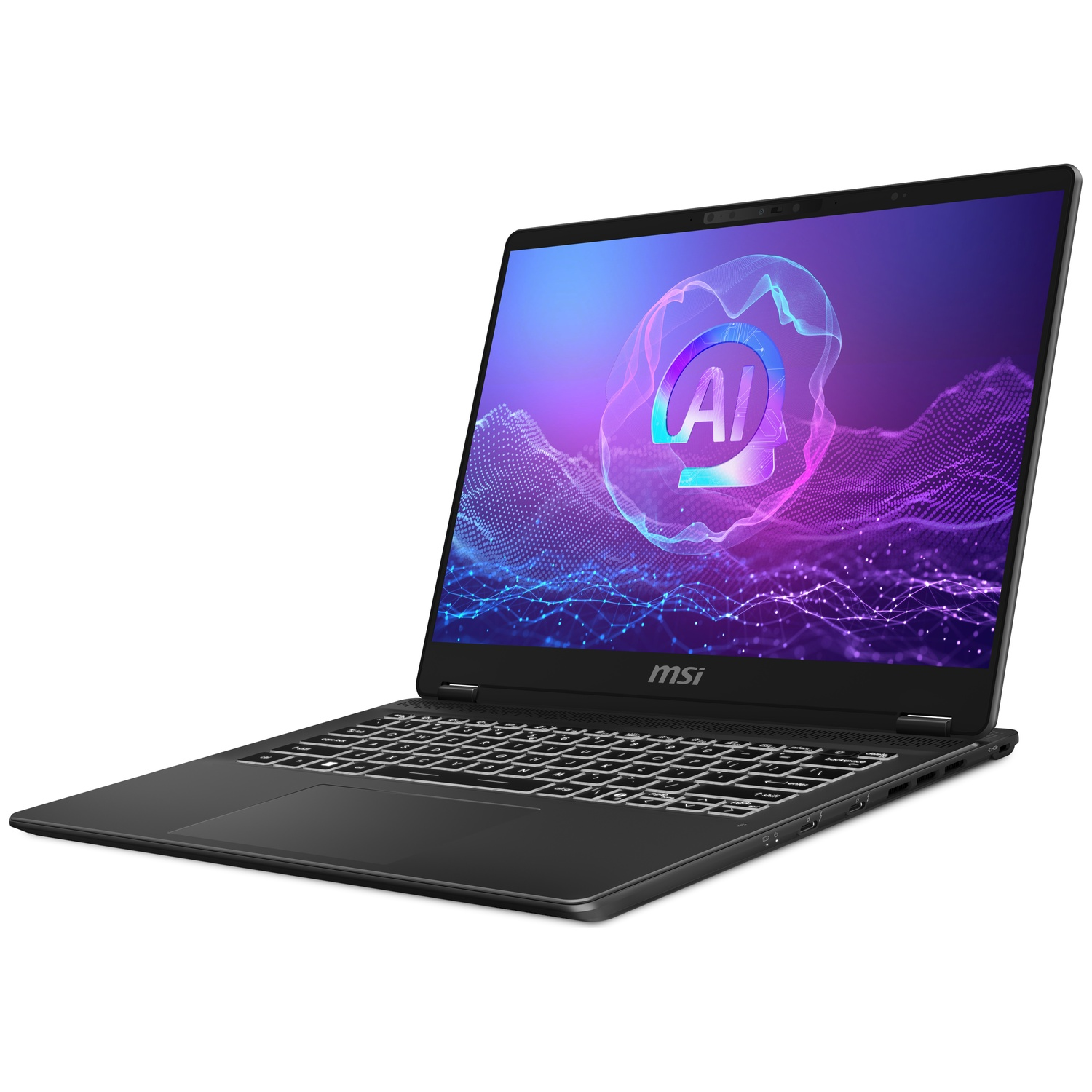 Un ordinateur portable MSI noir affichant un symbole IA, sur fond blanc.
