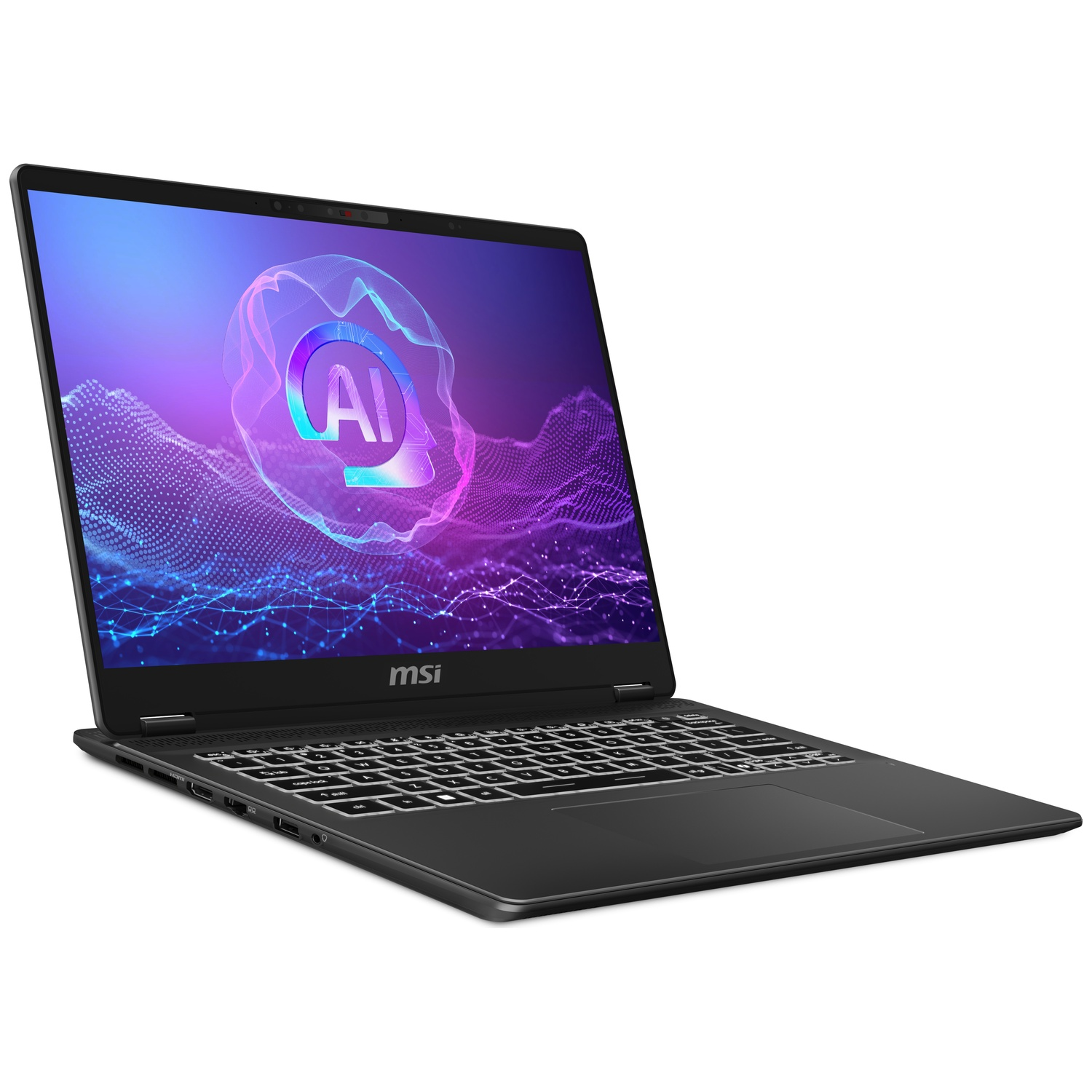 Ordinateur portable MSI noir affichant un logo IA sur fond violet/bleu.