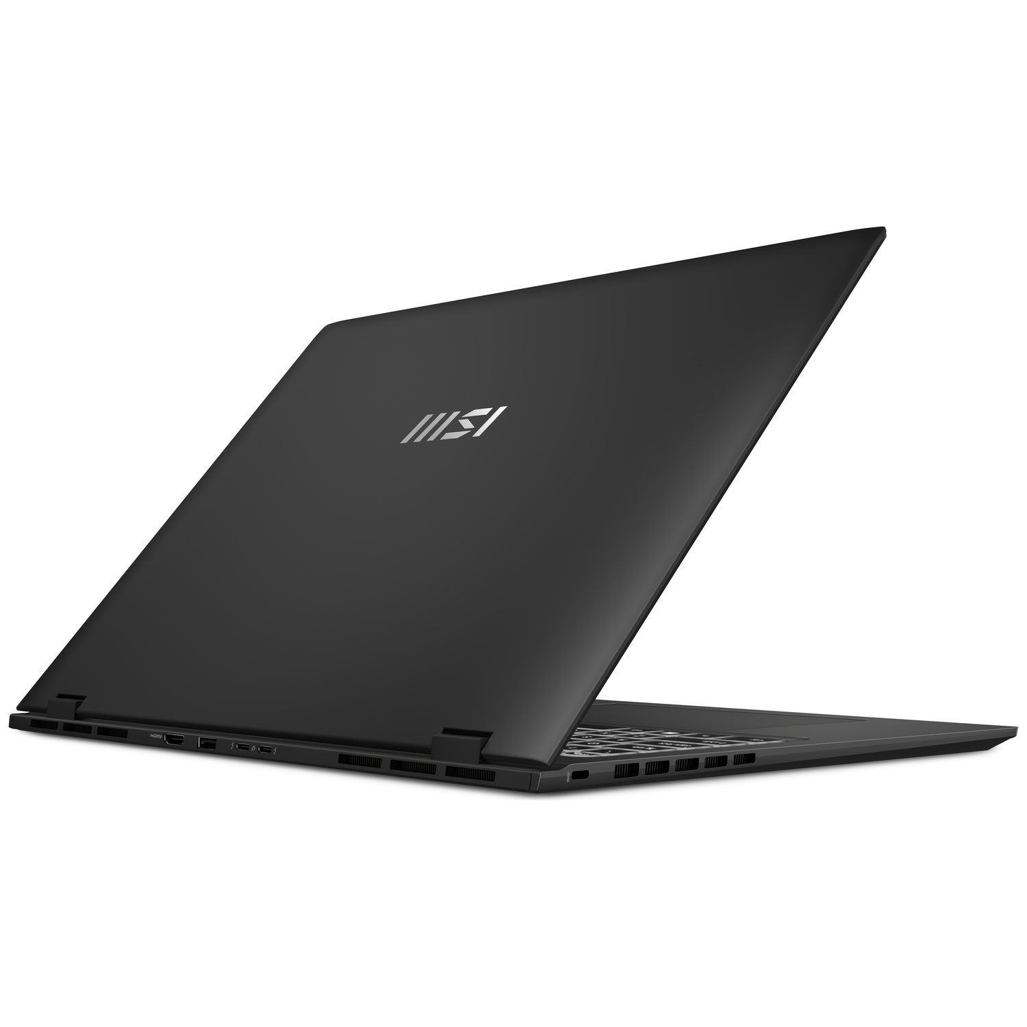 Un ordinateur portable MSI noir est ouvert, montrant le clavier et les ports sur le côté.
