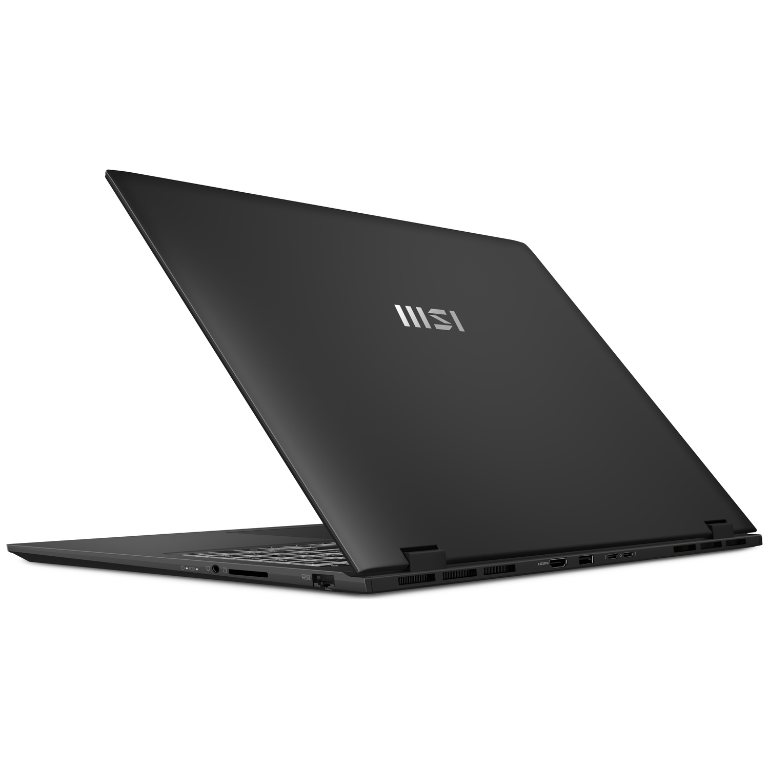 Ordinateur portable MSI noir, écran ouvert, vu de l'arrière gauche.