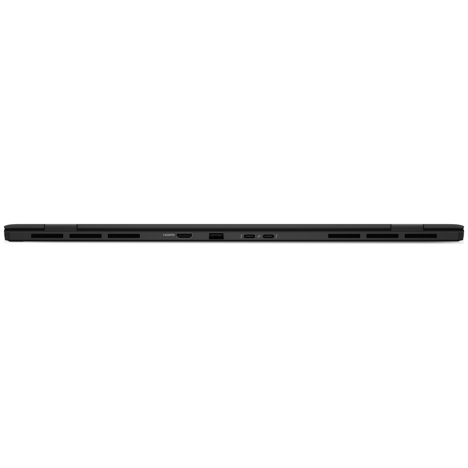 Vue latérale d'un ordinateur portable noir montrant les ports HDMI, USB-C et USB-A.