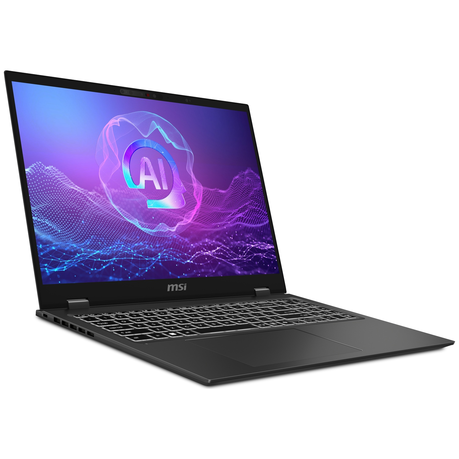 Ordinateur portable noir affichant un graphique IA avec logo MSI.