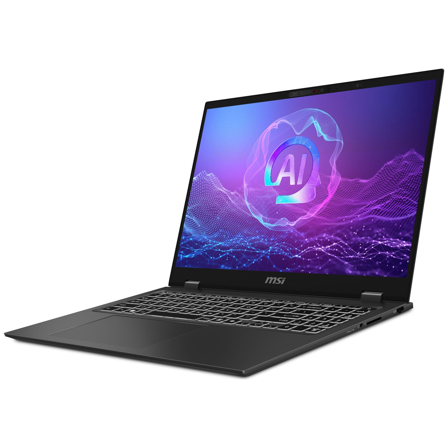 Un ordinateur portable MSI noir est ouvert, affichant un graphique IA avec des vagues abstraites violettes et bleues.