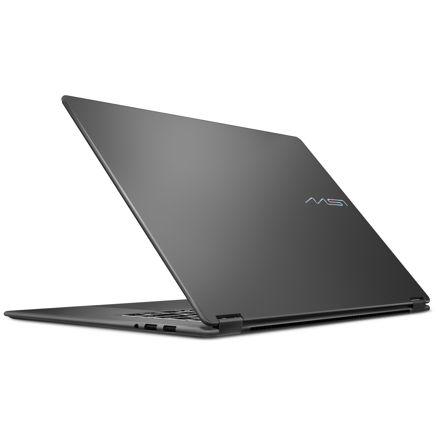Un ordinateur portable MSI sombre et fermé vu sous un angle bas, montrant le logo.