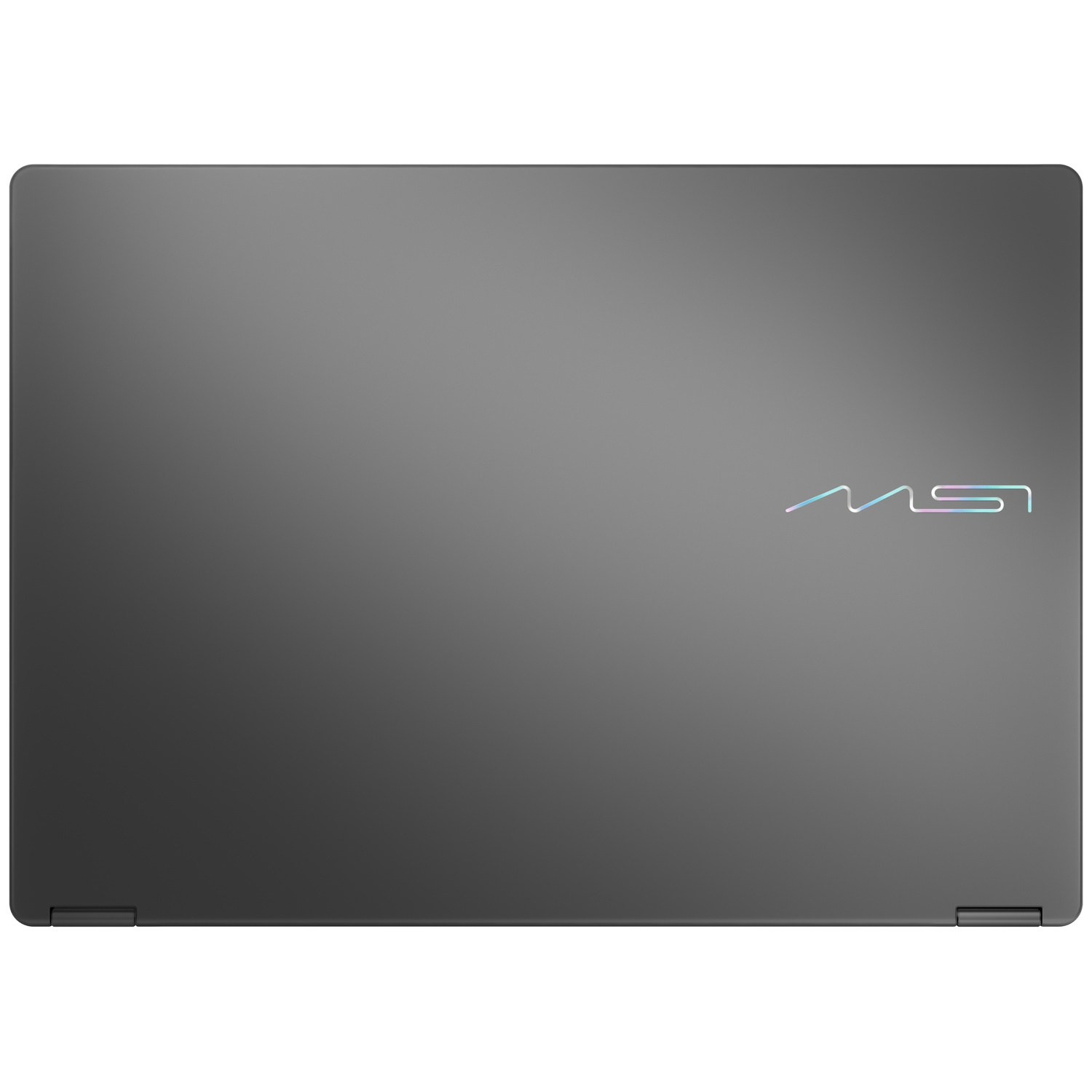 Ordinateur portable gris fermé avec logo MSI arc-en-ciel sur le capot.