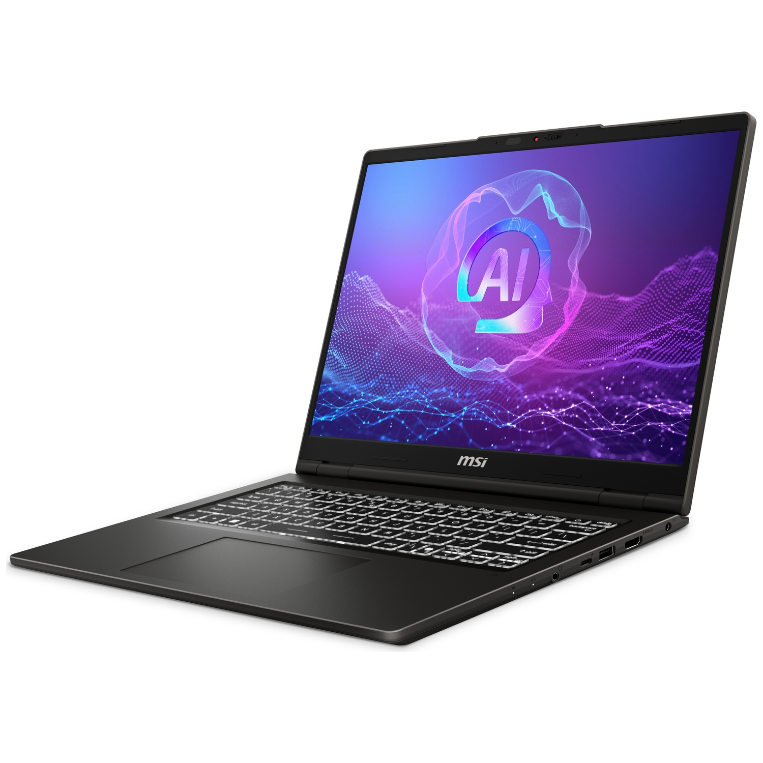 Un ordinateur portable MSI noir avec clavier lumineux et graphisme IA à l'écran.