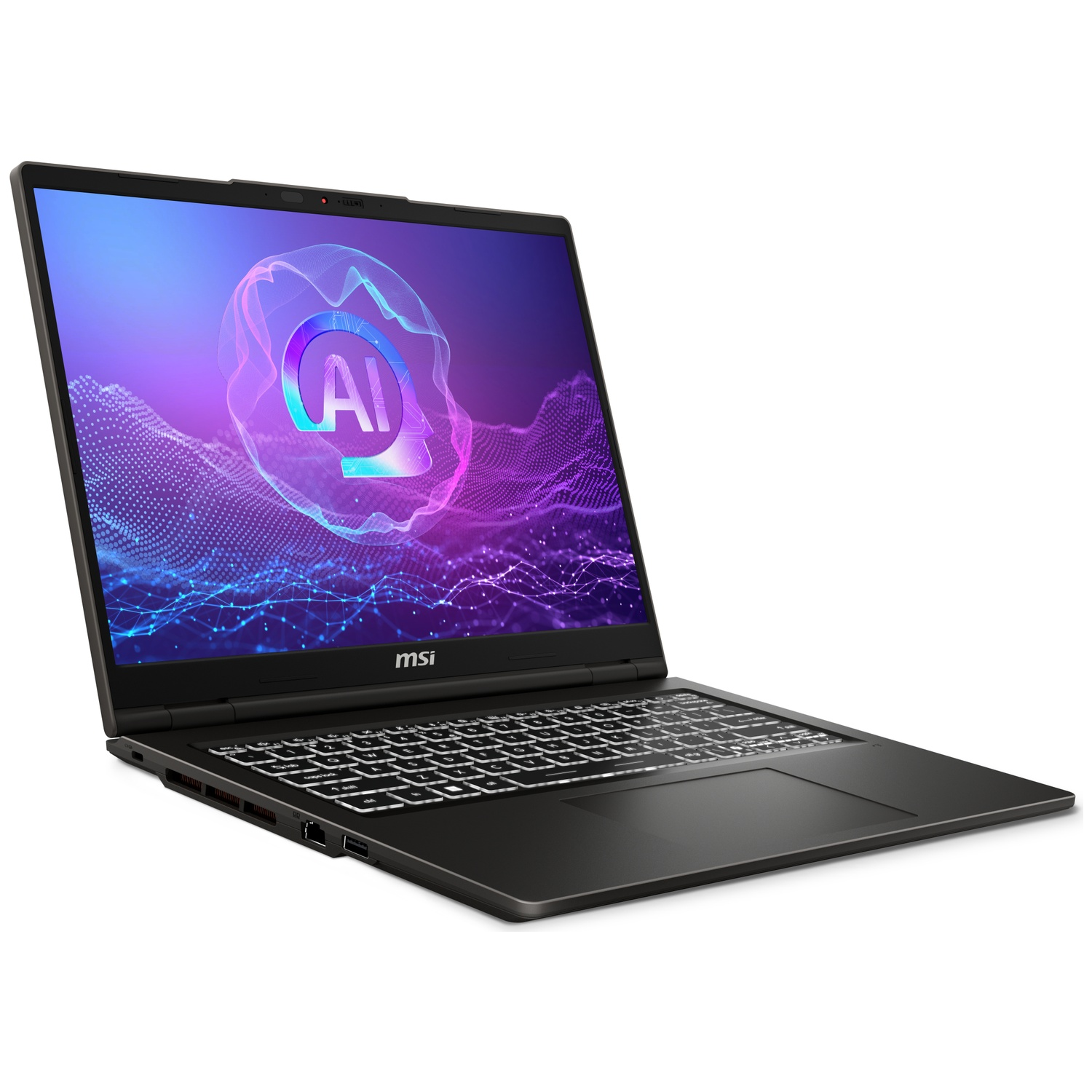 Ordinateur portable noir avec clavier rétroéclairé et graphique IA à l'écran.