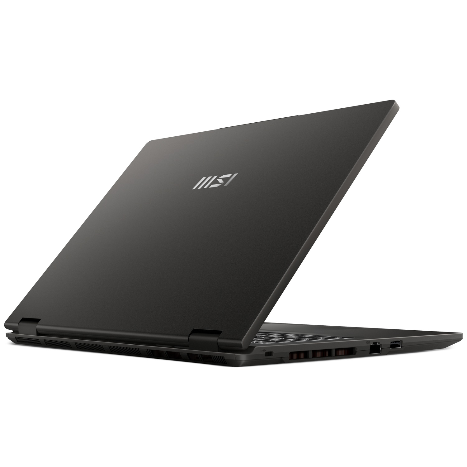 Ordinateur portable MSI noir, ouvert, vu de côté avec le capot incliné vers l'arrière. Logo visible.