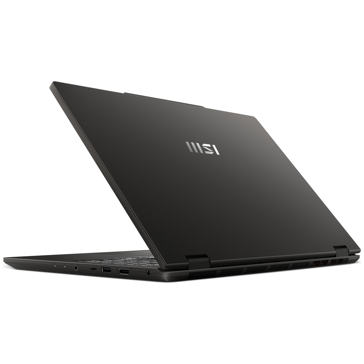 Un ordinateur portable MSI noir est montré sous un angle bas, le capot partiellement ouvert. Le logo MSI est visible.