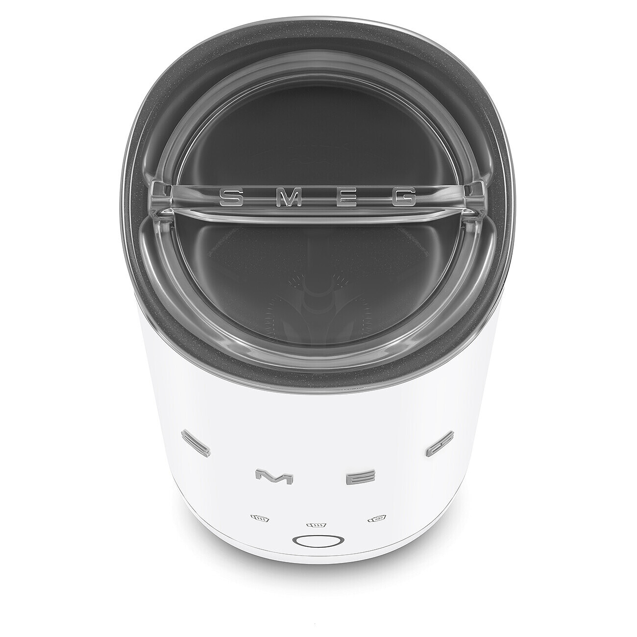Weiße SMEG-Kaffeemühle mit transparentem Deckel und Bedienelementen.