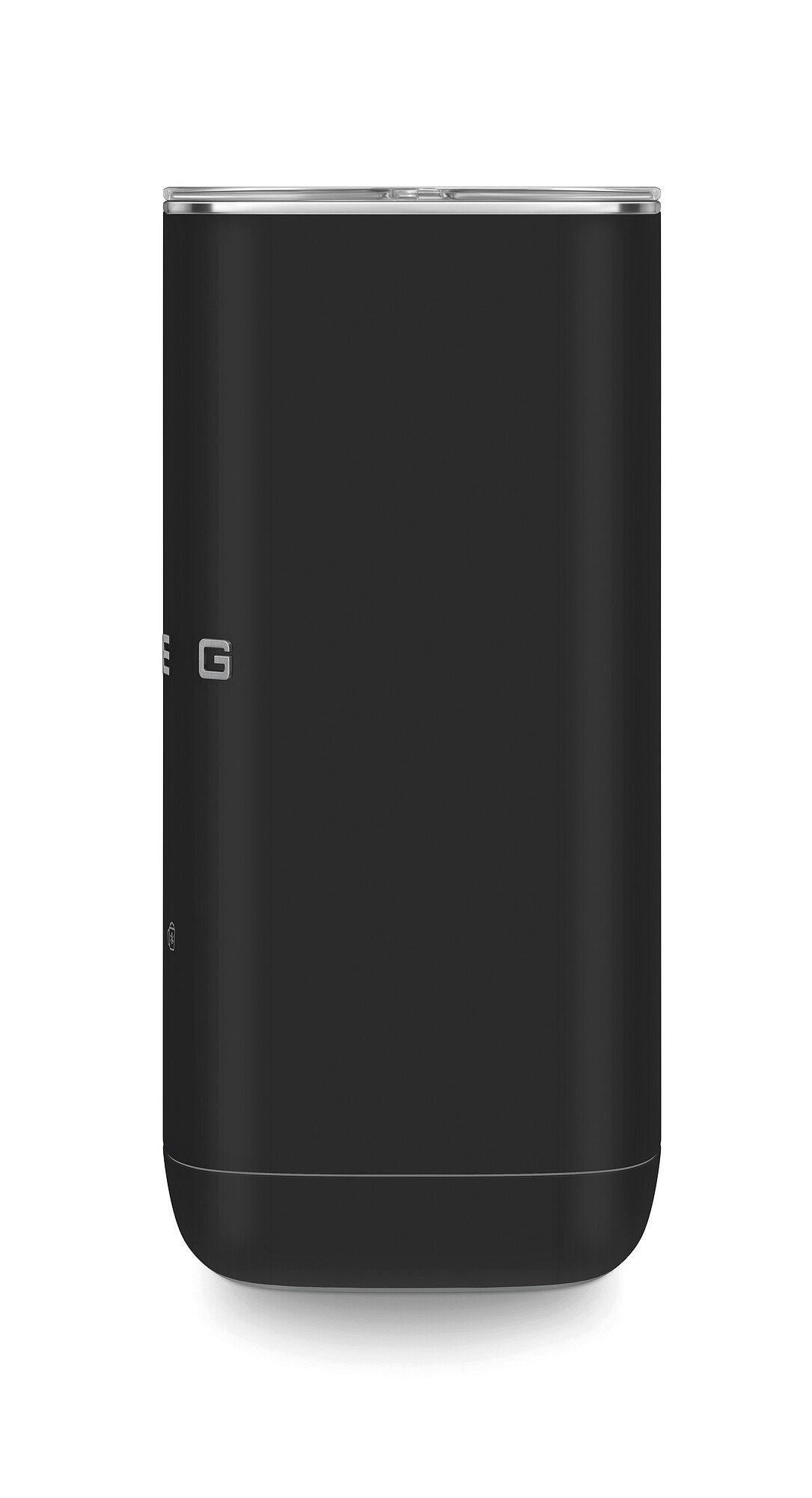 Schwarzer Becher mit silbernem Rand und Markenlogo.