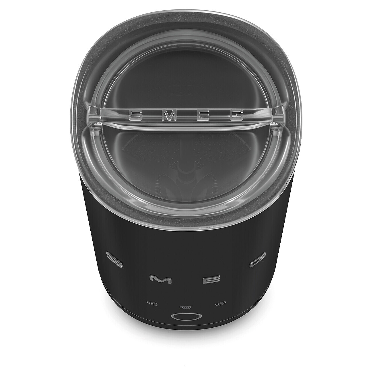 Schwarzer elektrischer Kaffeemühle mit transparentem Deckel und SMEG-Logo.