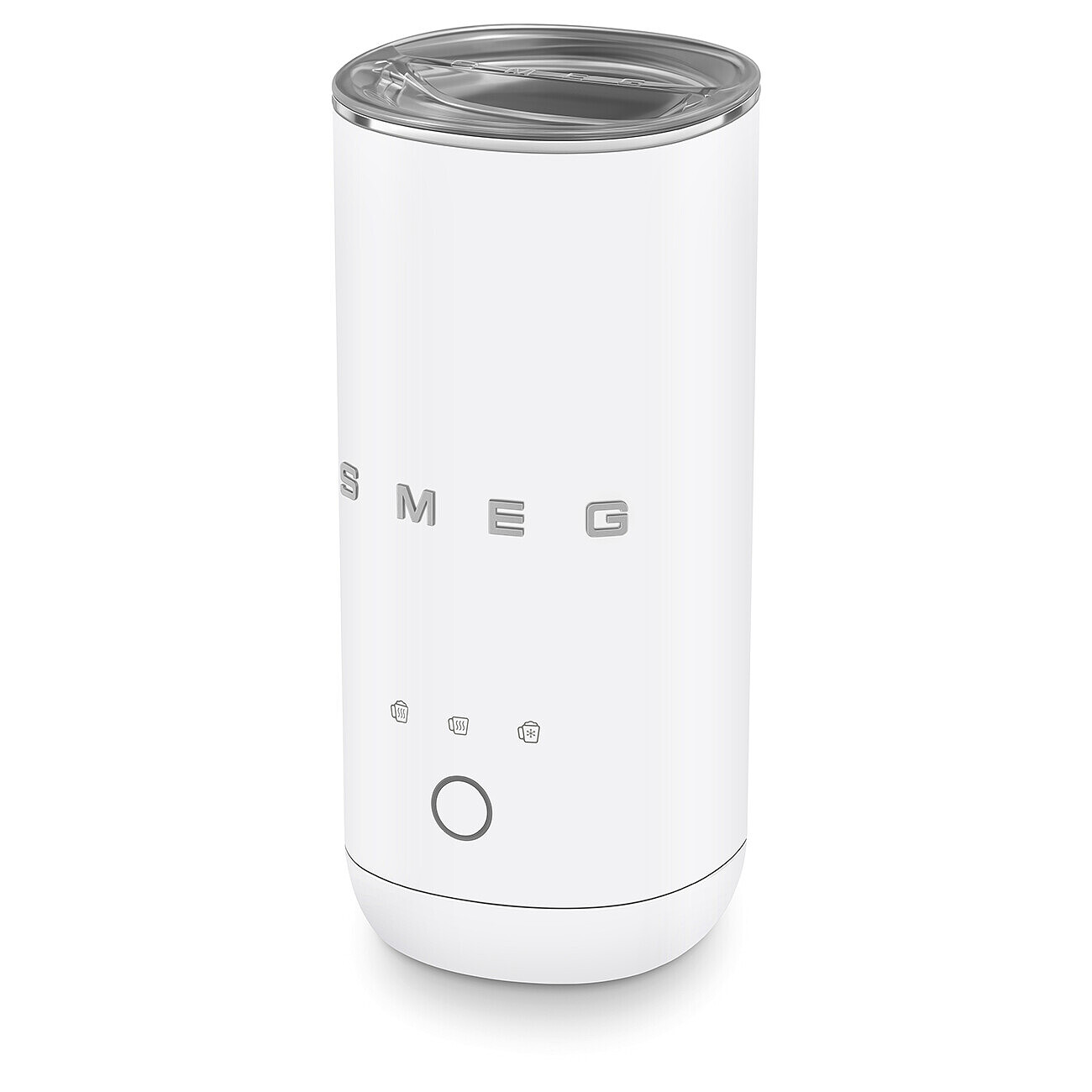 Ein weißer Smeg-Becher mit silbernem Deckel und Bediensymbolen.
