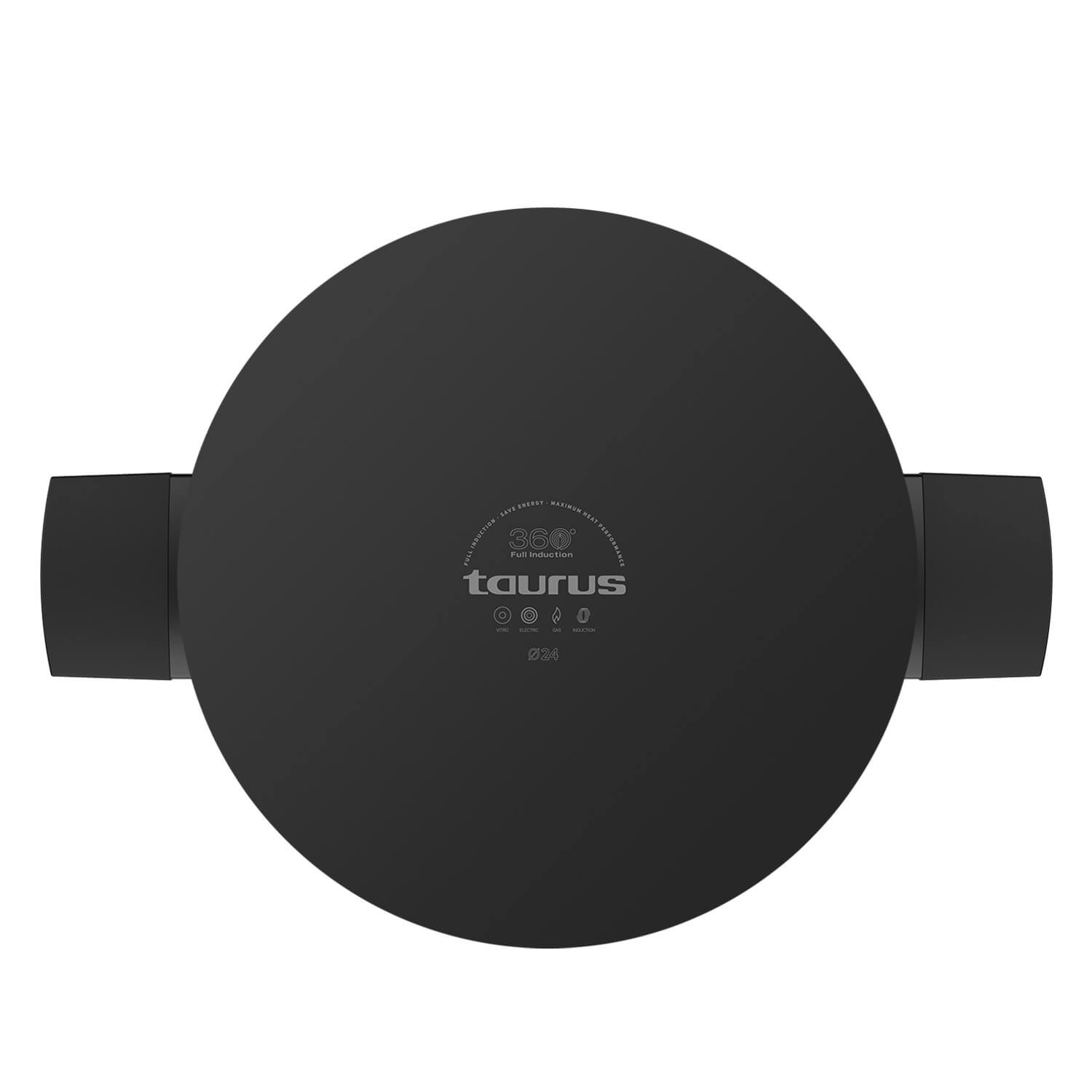 Olla negra con asas, mostrando 360 Inducción Total de Taurus.