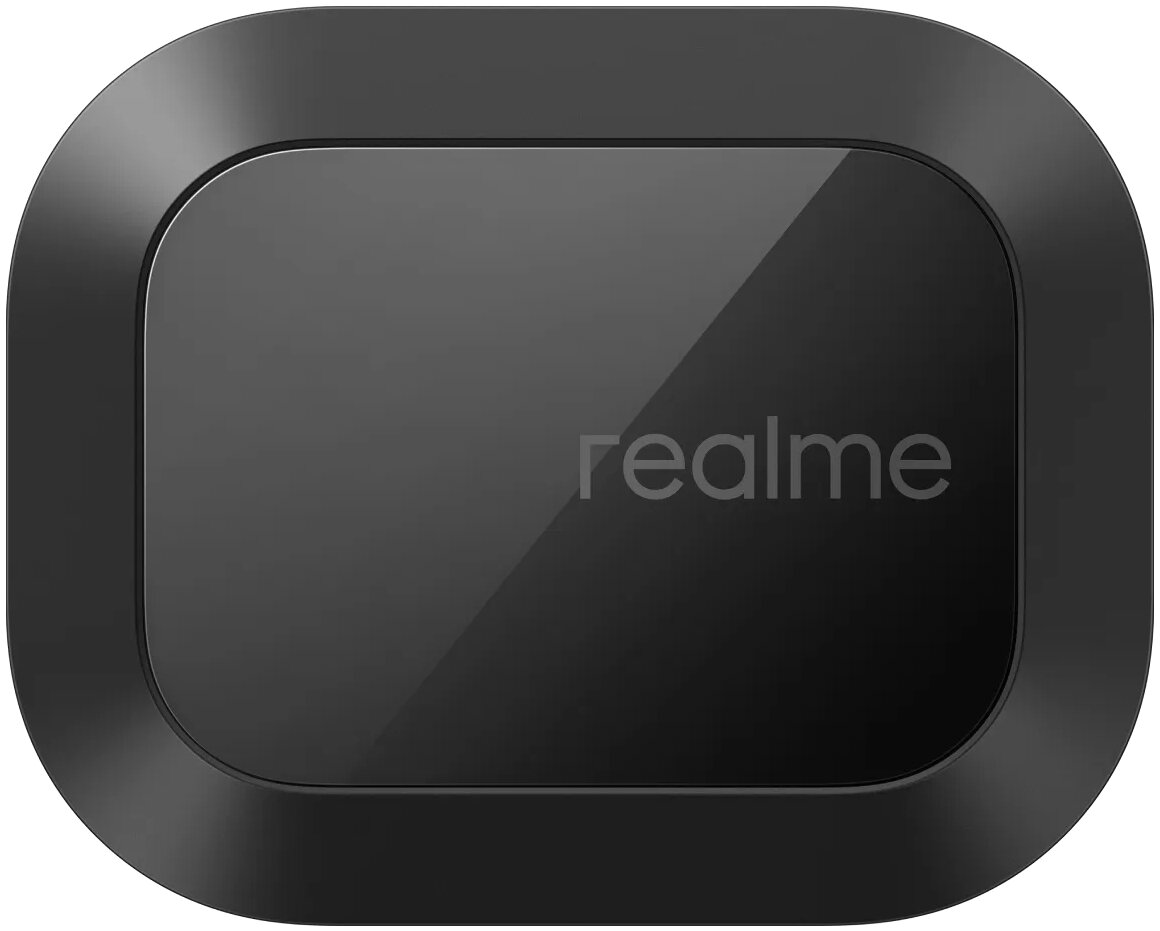 Czarny, zaokrąglony prostokątny przedmiot z logo Realme na powierzchni.