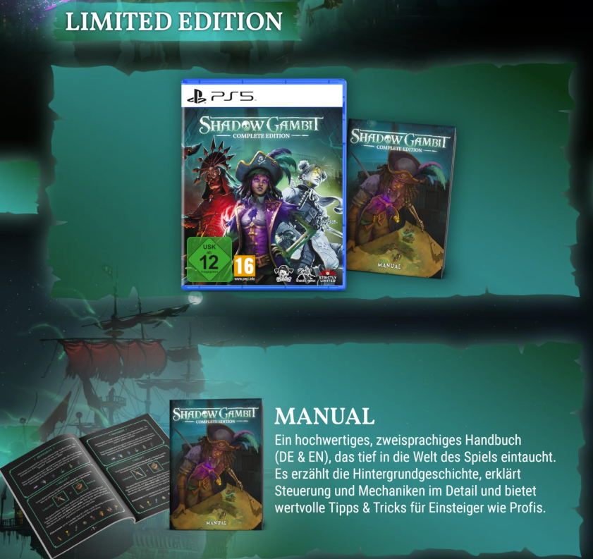 Limited Edition von Shadow Gambit PS5 Spiel und Handbuch mit Piratenfiguren.