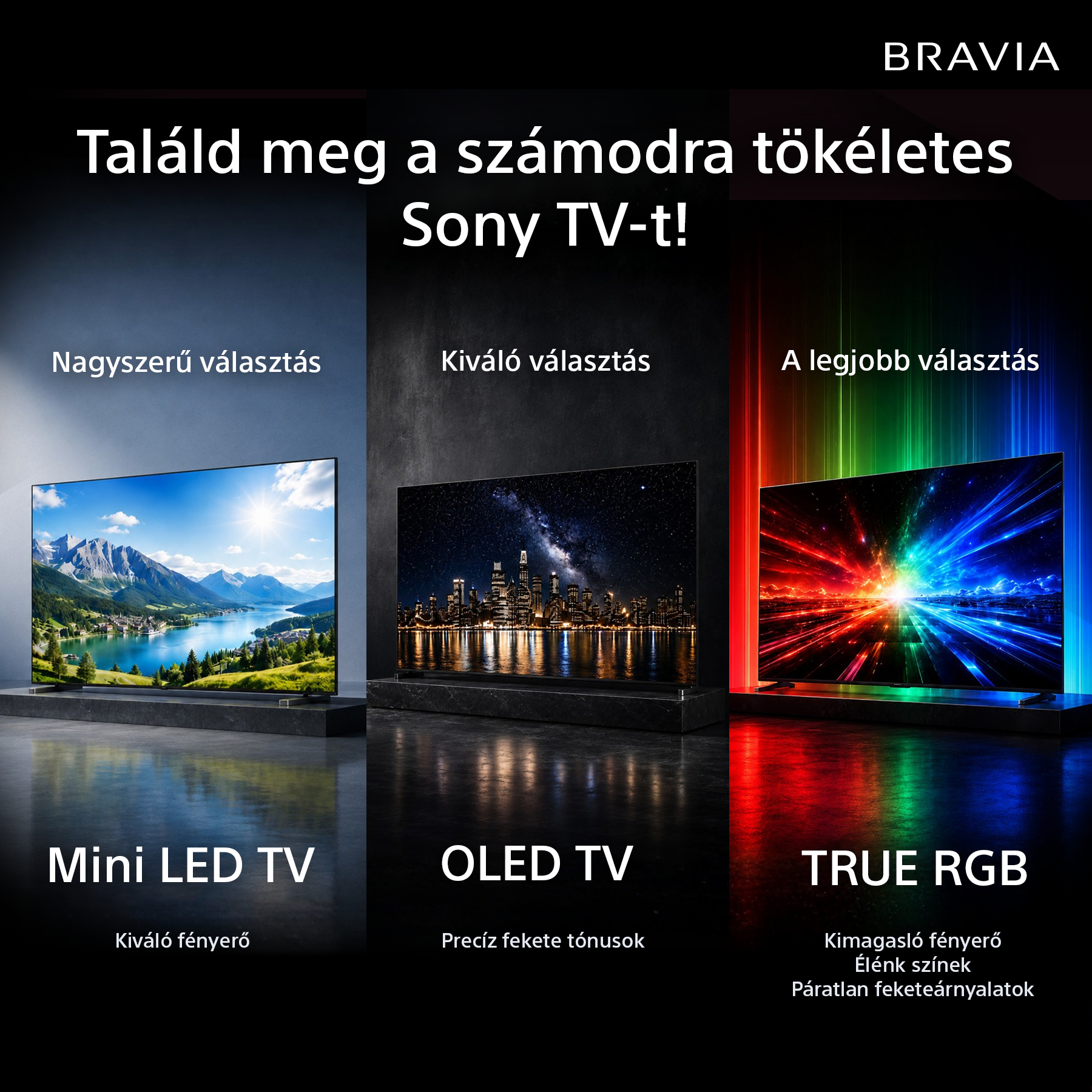 Három Sony TV: Mini LED hegyi tájjal, OLED város látképpel, TRUE RGB fénysugarakkal.
