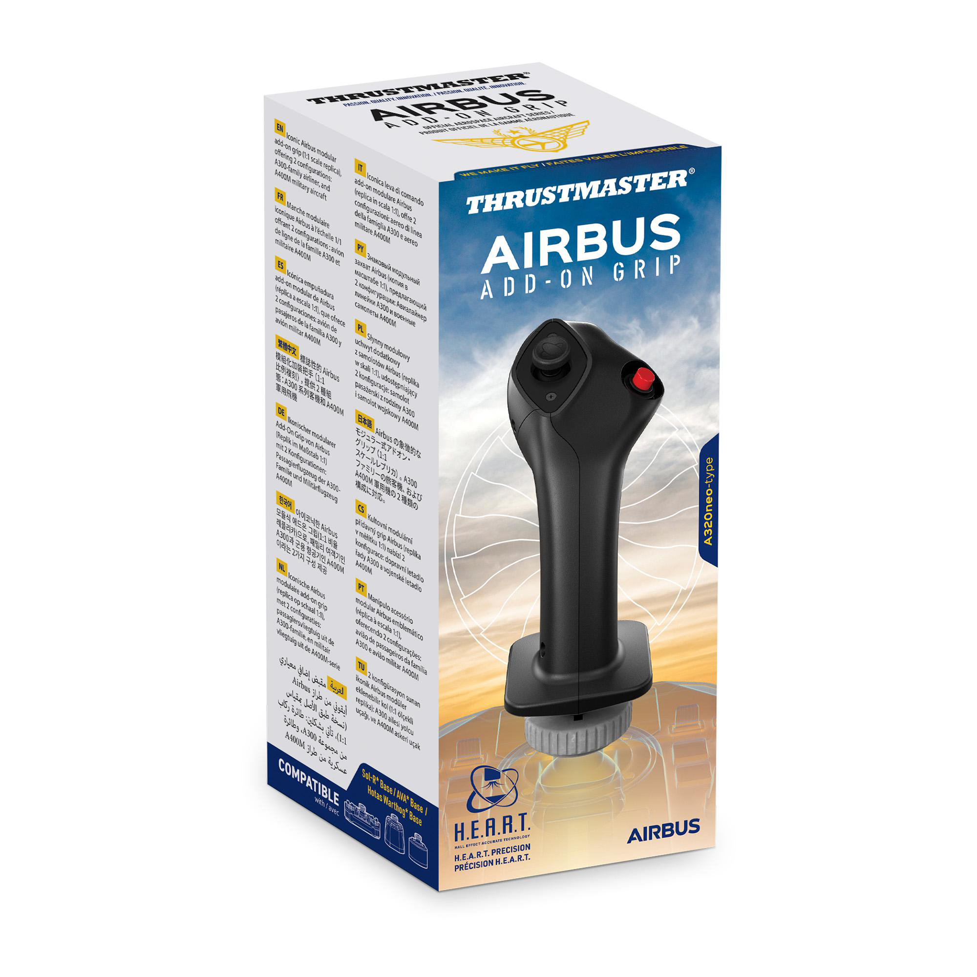 Schwarzer Airbus A320neo-Typ Add-On Grip mit rotem Knopf, auf Kartonverpackung.