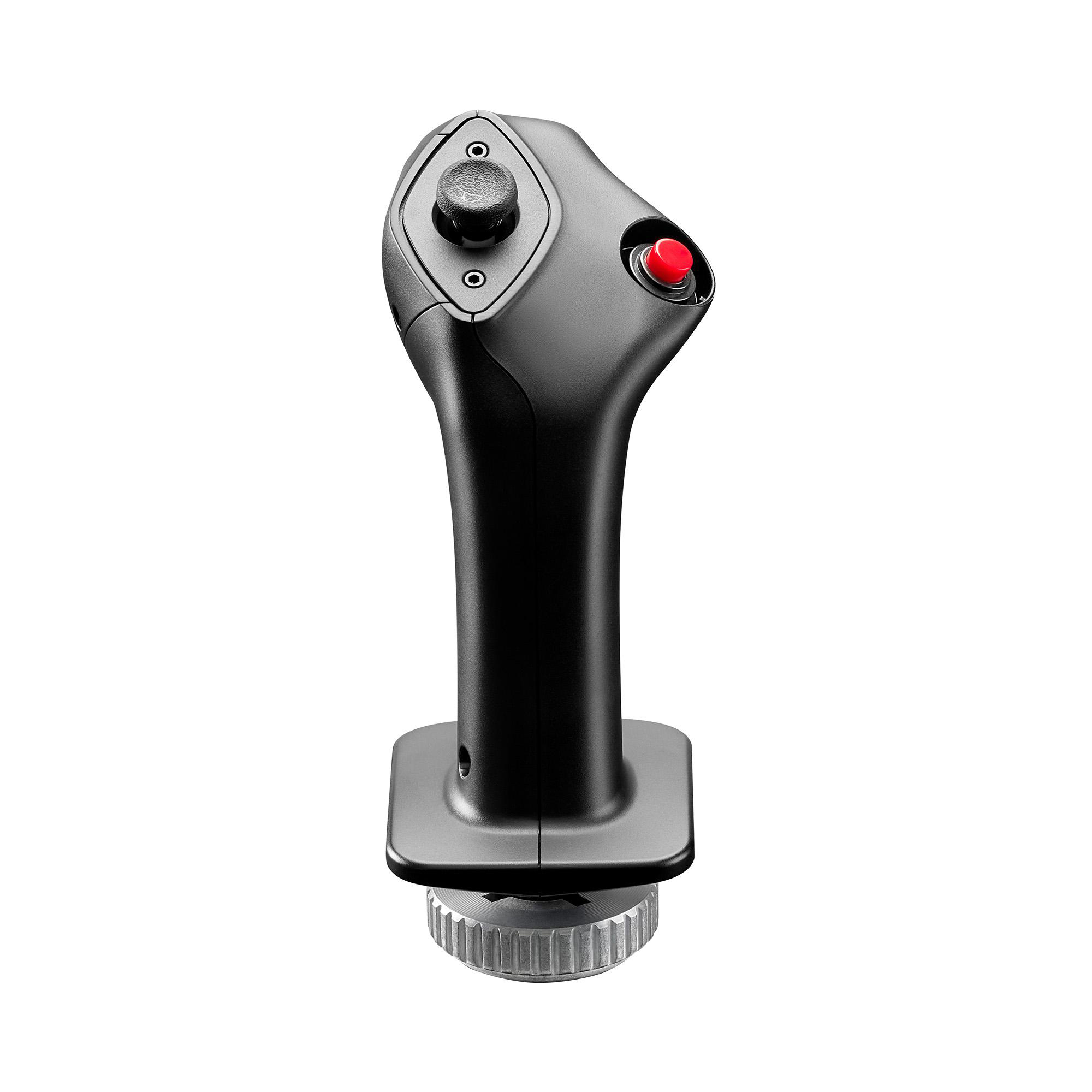 Ein schwarzer Joystick mit einem roten Knopf und einem grauen Knopf.