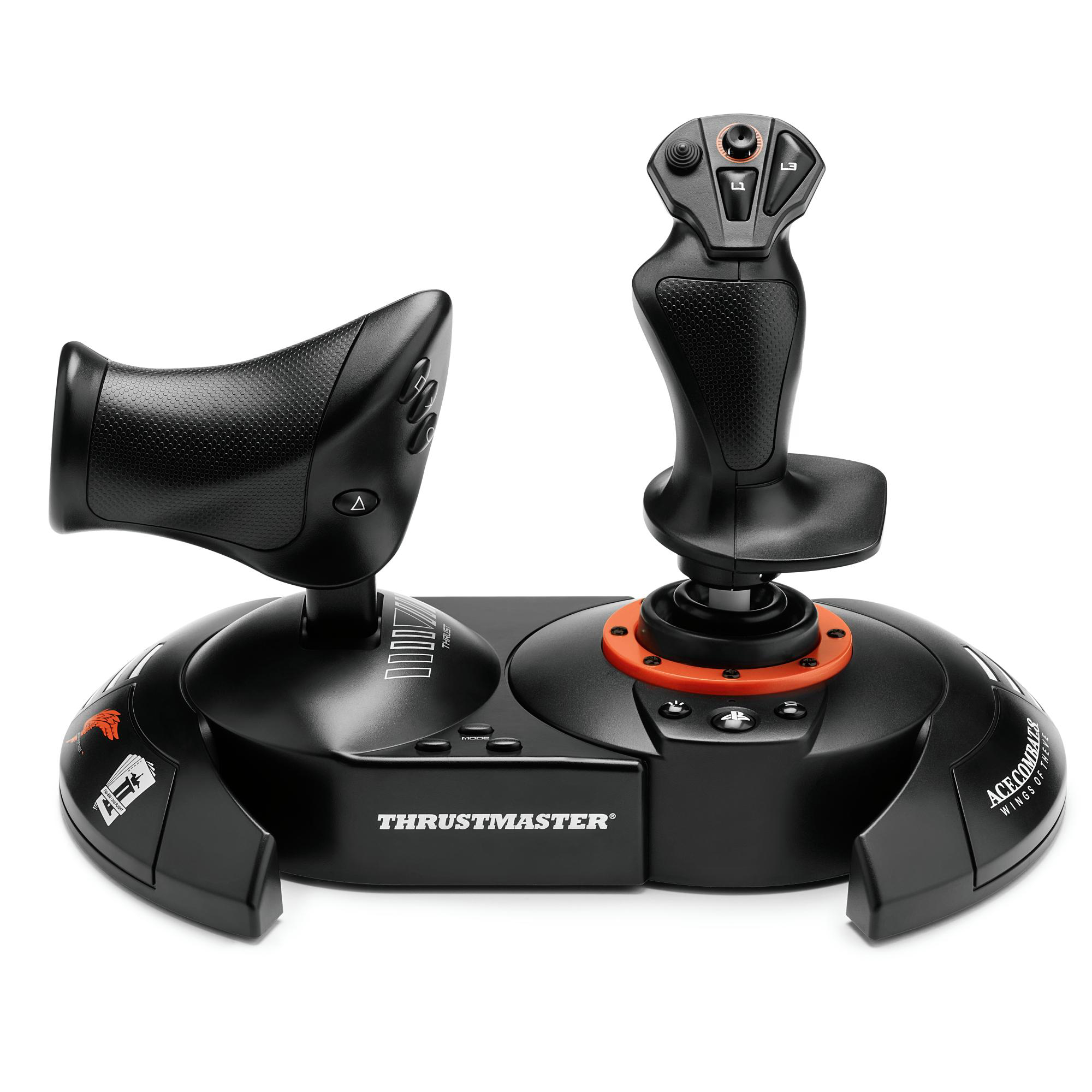Ein schwarzer Thrustmaster Joystick und Gashebel auf weißem Hintergrund.
