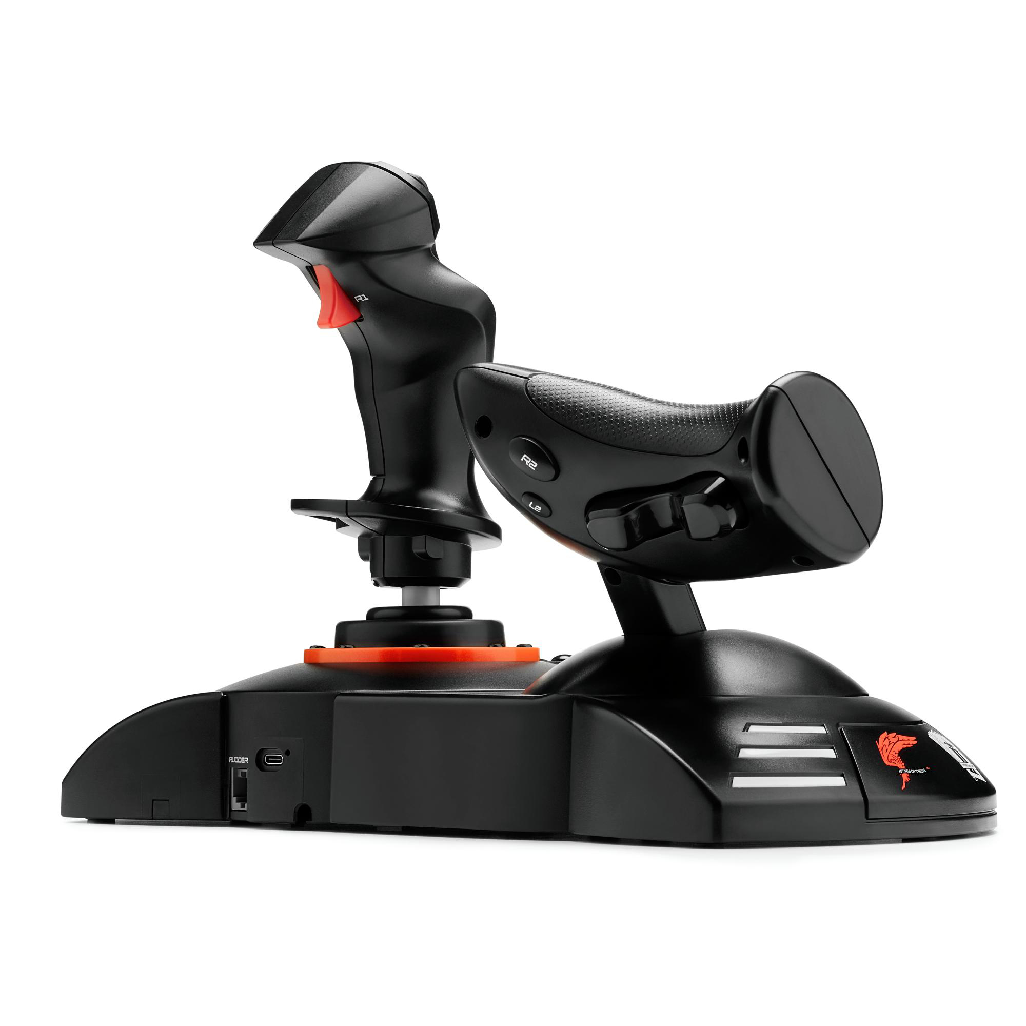Ein schwarzer Gaming-Joystick mit rotem Auslöser und einem separaten Gashebel.