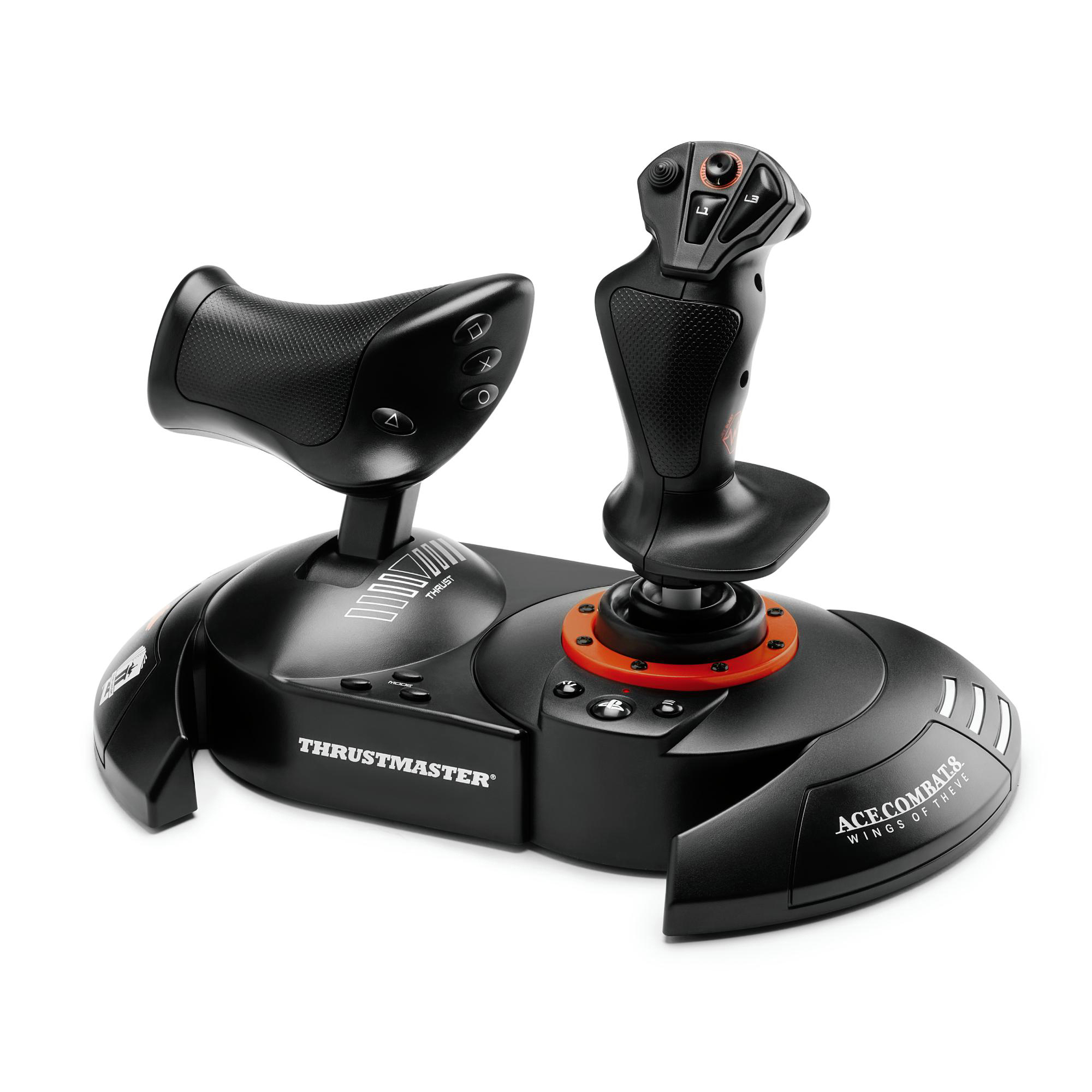 Schwarzer Flugsimulator-Joystick und Schubregler mit Tasten auf weißem Hintergrund.