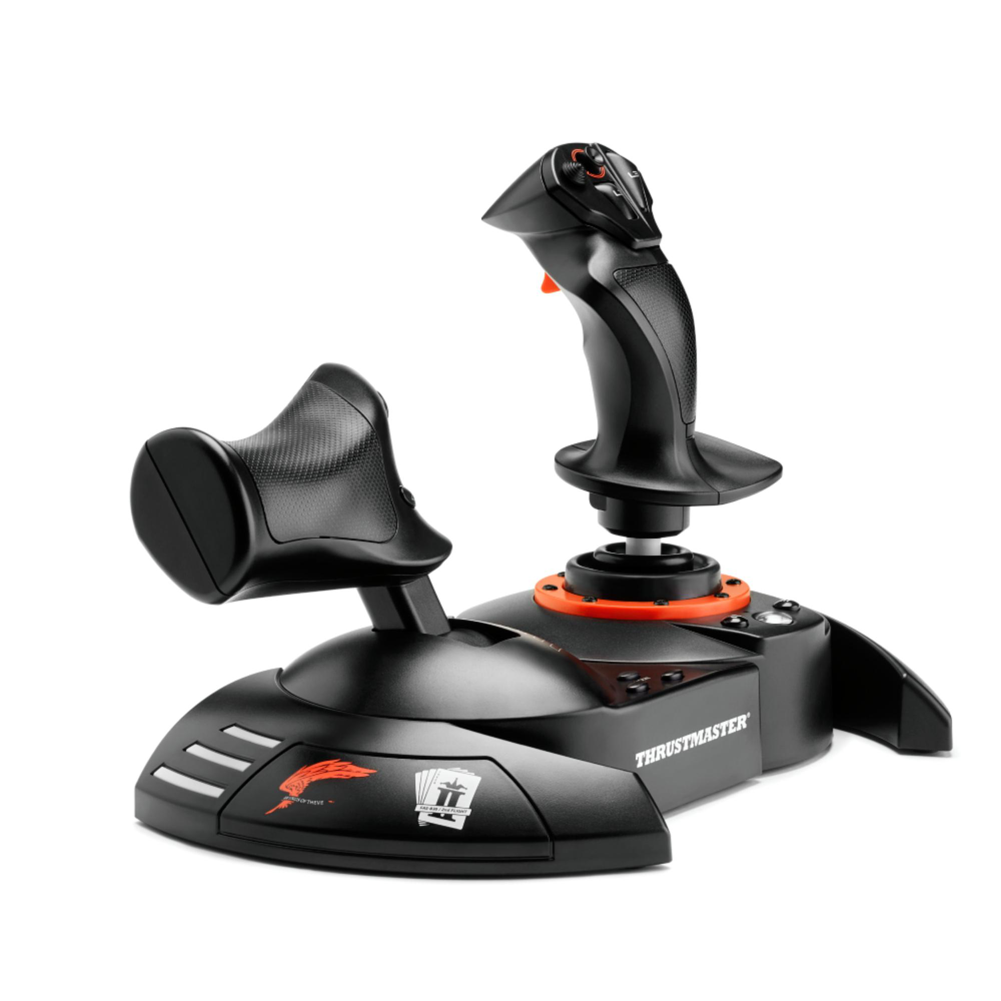 Ein schwarzer Joystick mit Gashebel und orangefarbenen Akzenten auf weißem Hintergrund.