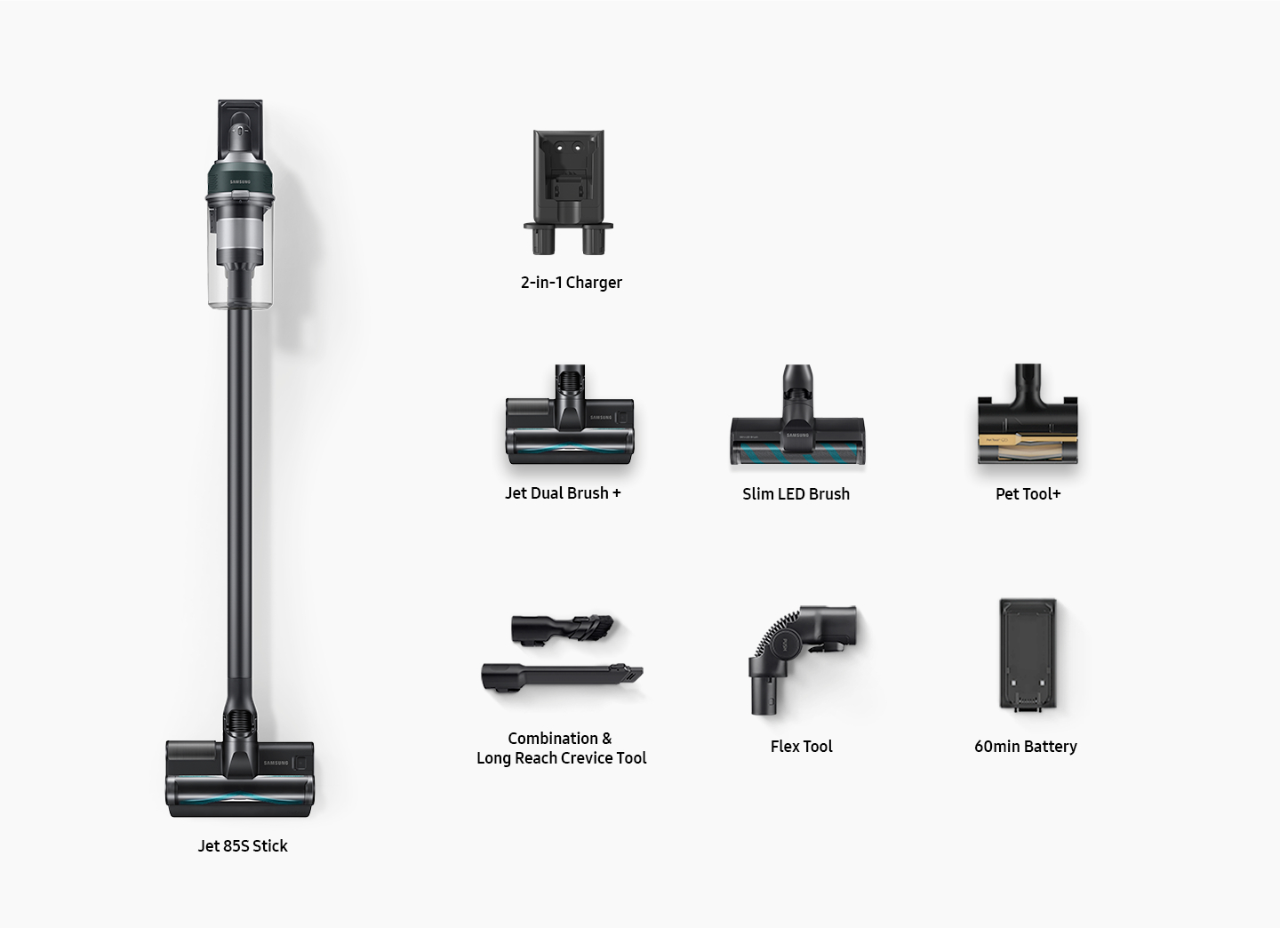 Samsung Jet 85S Stick Staubsauger mit Zubehör: Ladestation, Bürsten, Werkzeuge, Akku.