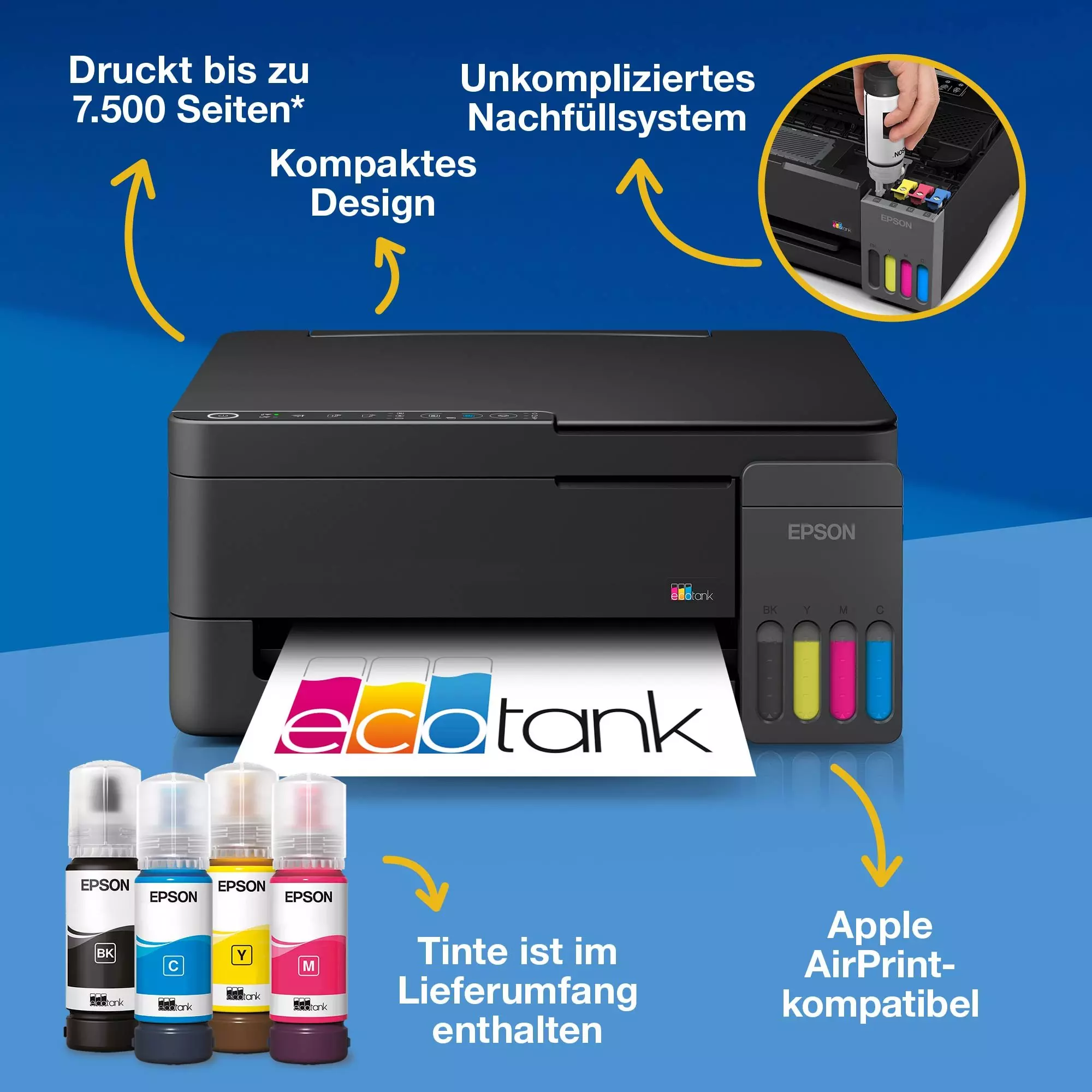 Stampante Epson EcoTank con inchiostro di ricarica, compatta, stampa fino a 7.500 pagine.