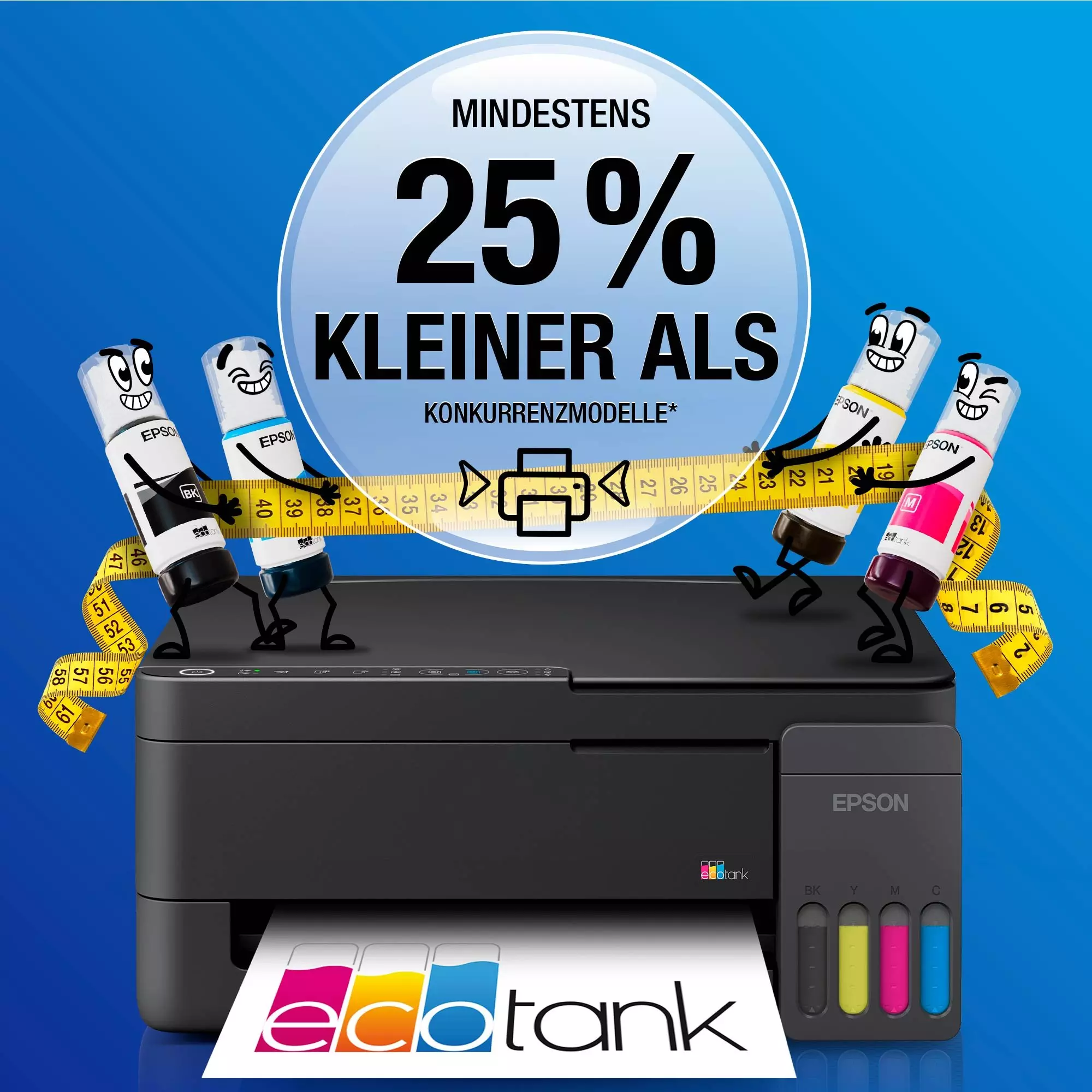 Stampante Epson EcoTank con bottiglie d'inchiostro animate che tengono un metro.