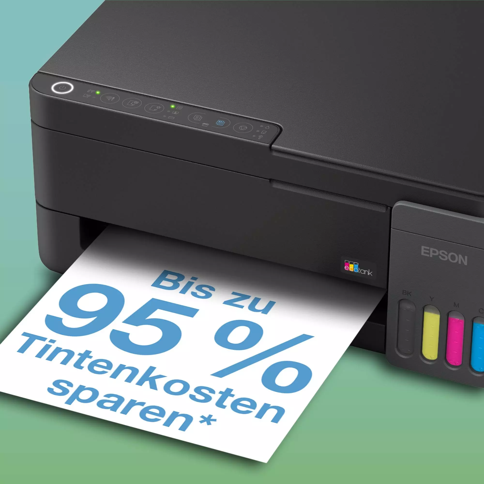 Una stampante Epson nera stampa un foglio con scritto "Risparmia fino al 95% sui costi dell'inchiostro".