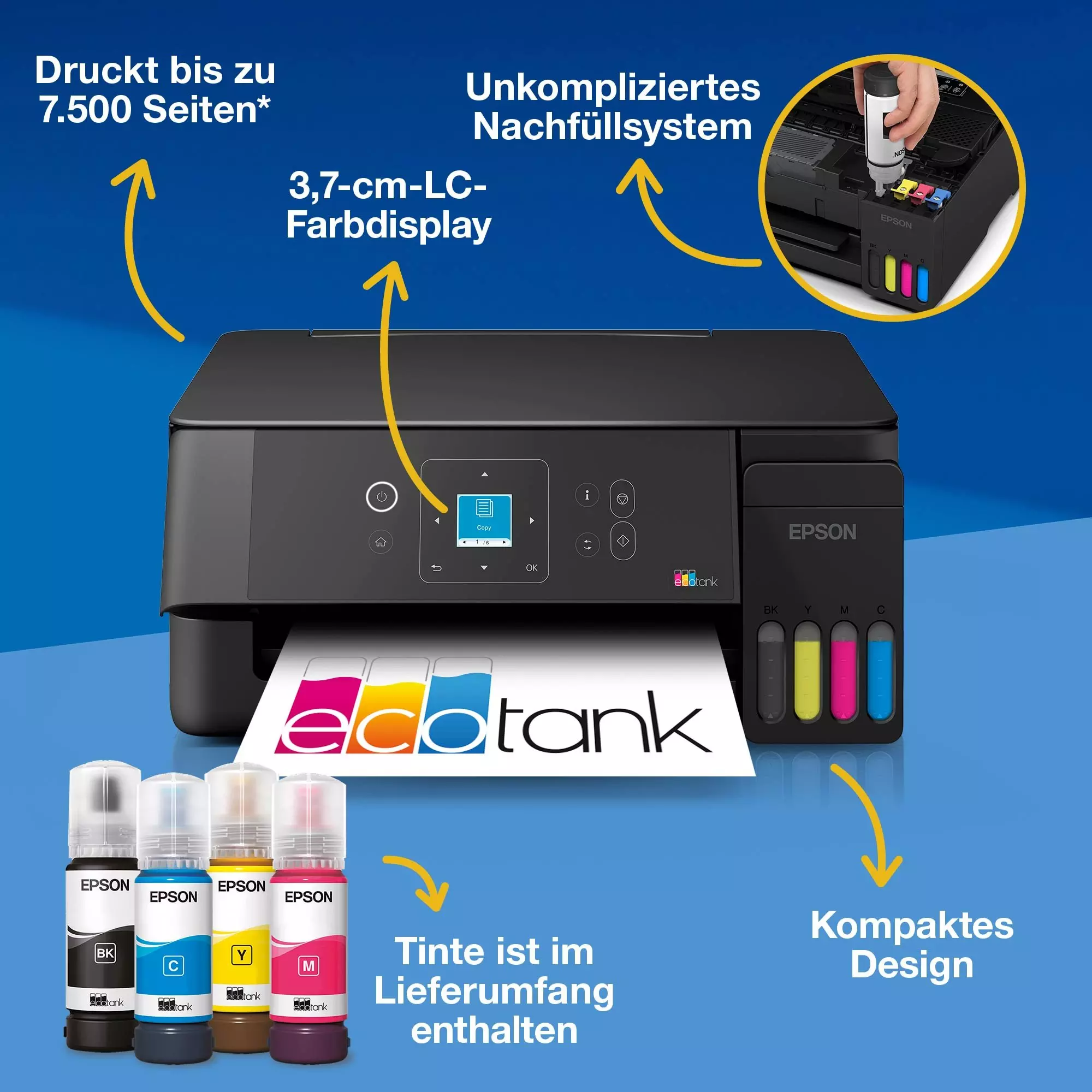 Imprimante Epson EcoTank avec bouteilles d'encre, écran couleur et système de recharge.