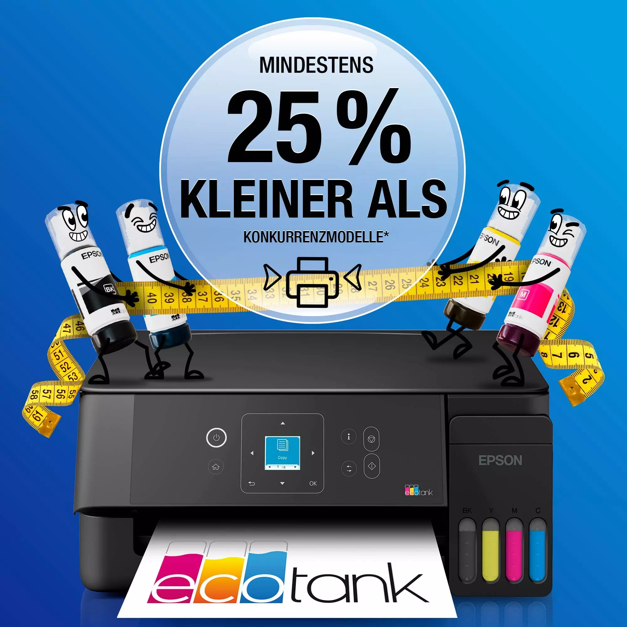 Quatre bouteilles d'encre Epson entourent une imprimante avec un mètre ruban. 25% plus petit.